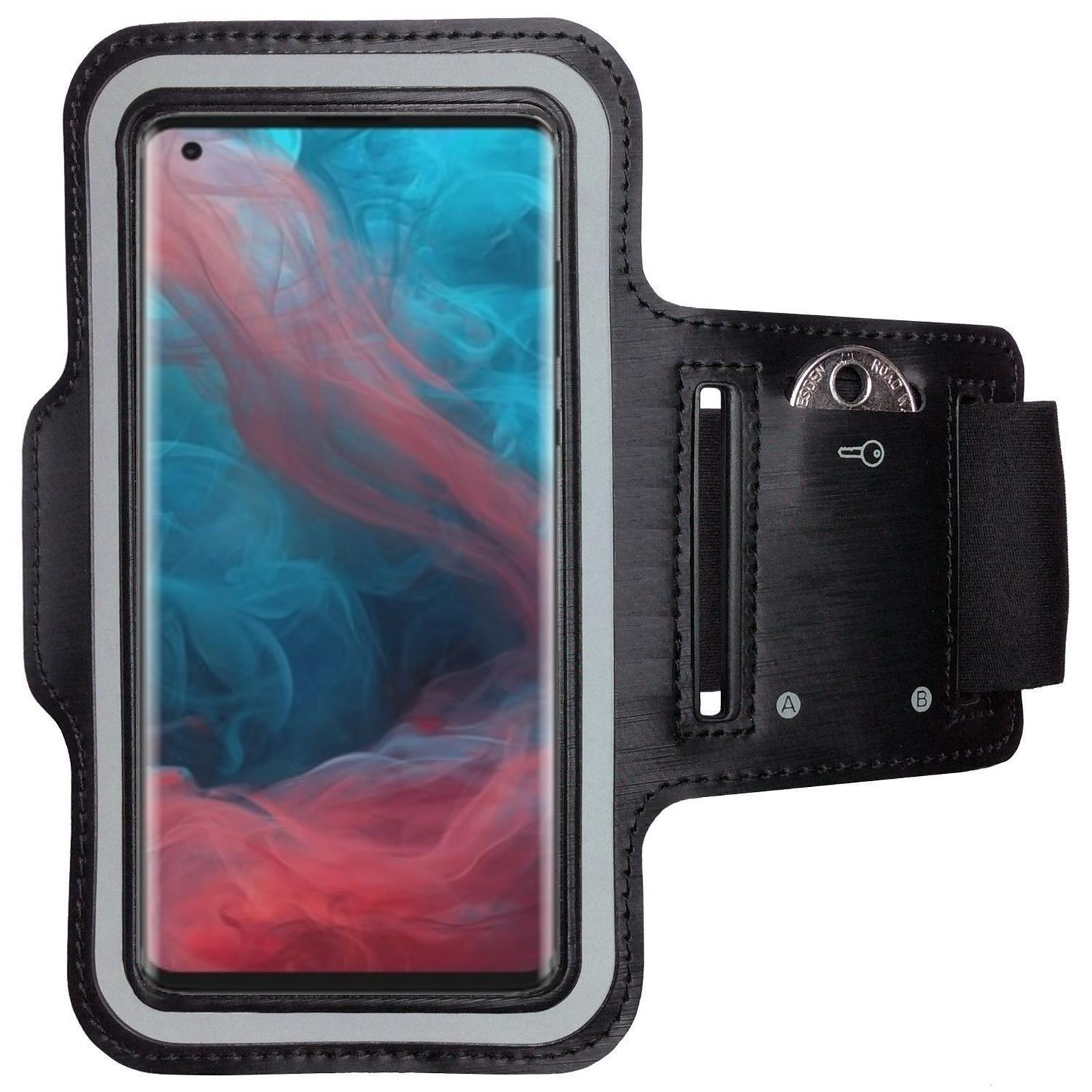 Ein Telefon in einer schwarzen Armbinde. Der Bildschirm zeigt eine Landschaft mit roten und blauen Farben.