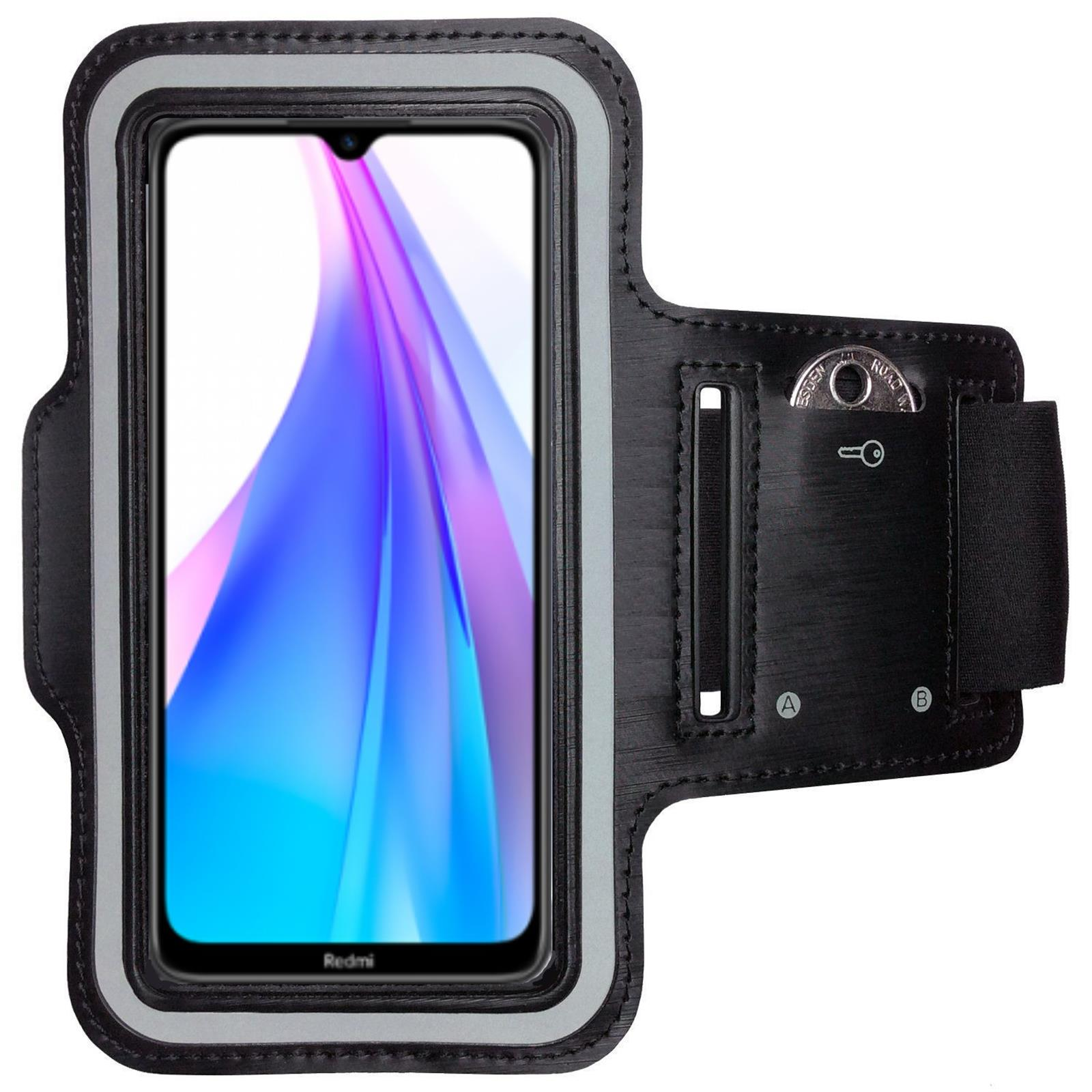 Schwarze Armbinde mit Telefon. Zeigt einen bunten Bildschirm.