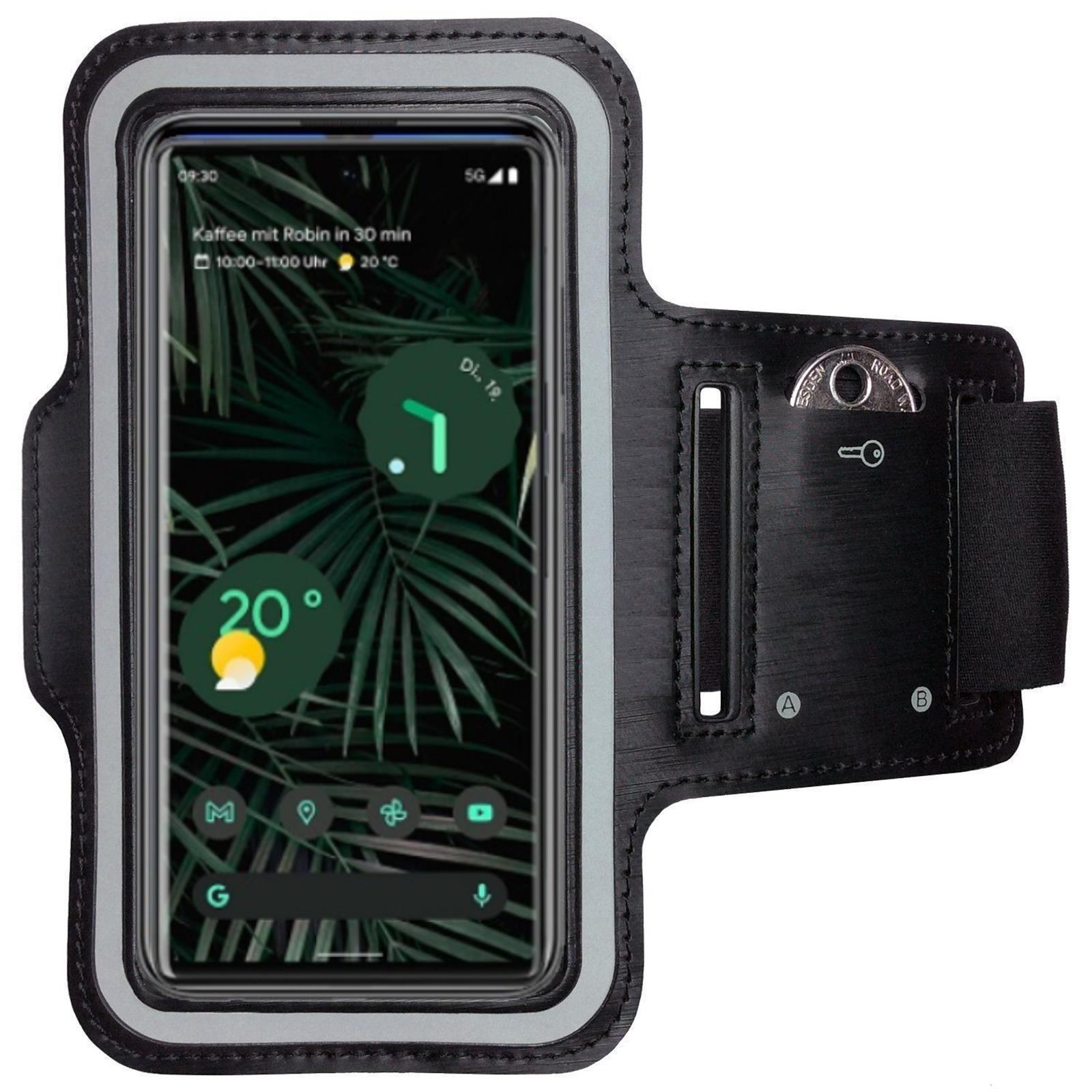 Schwarze Armbinde mit Telefon. Das Telefon zeigt eine Oberfläche. Es hat eine Münztasche.