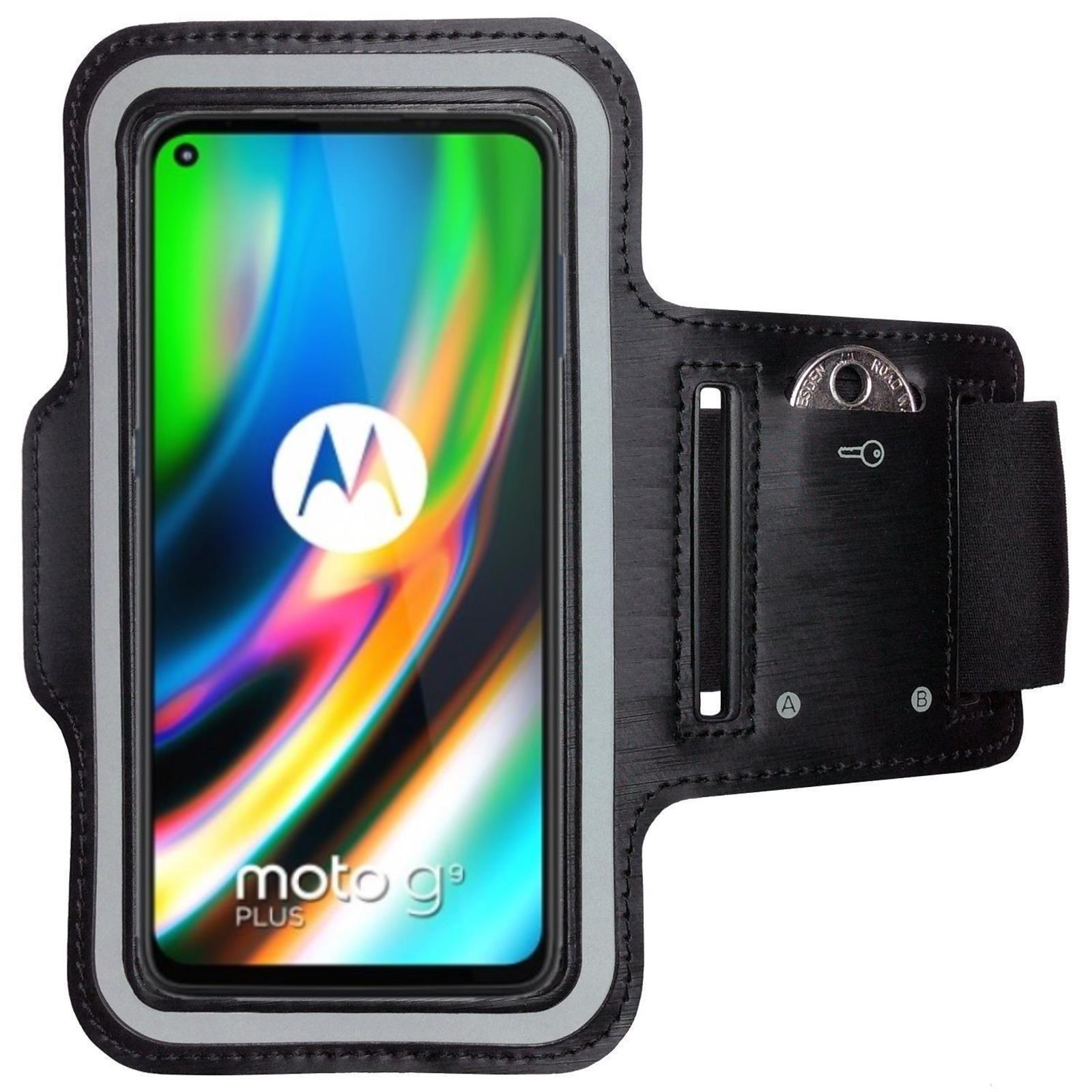Schwarzes Telefon in einer schwarzen Armbinde. Armbinde hat einen Riemen und Platz für Schlüssel und Münzen.