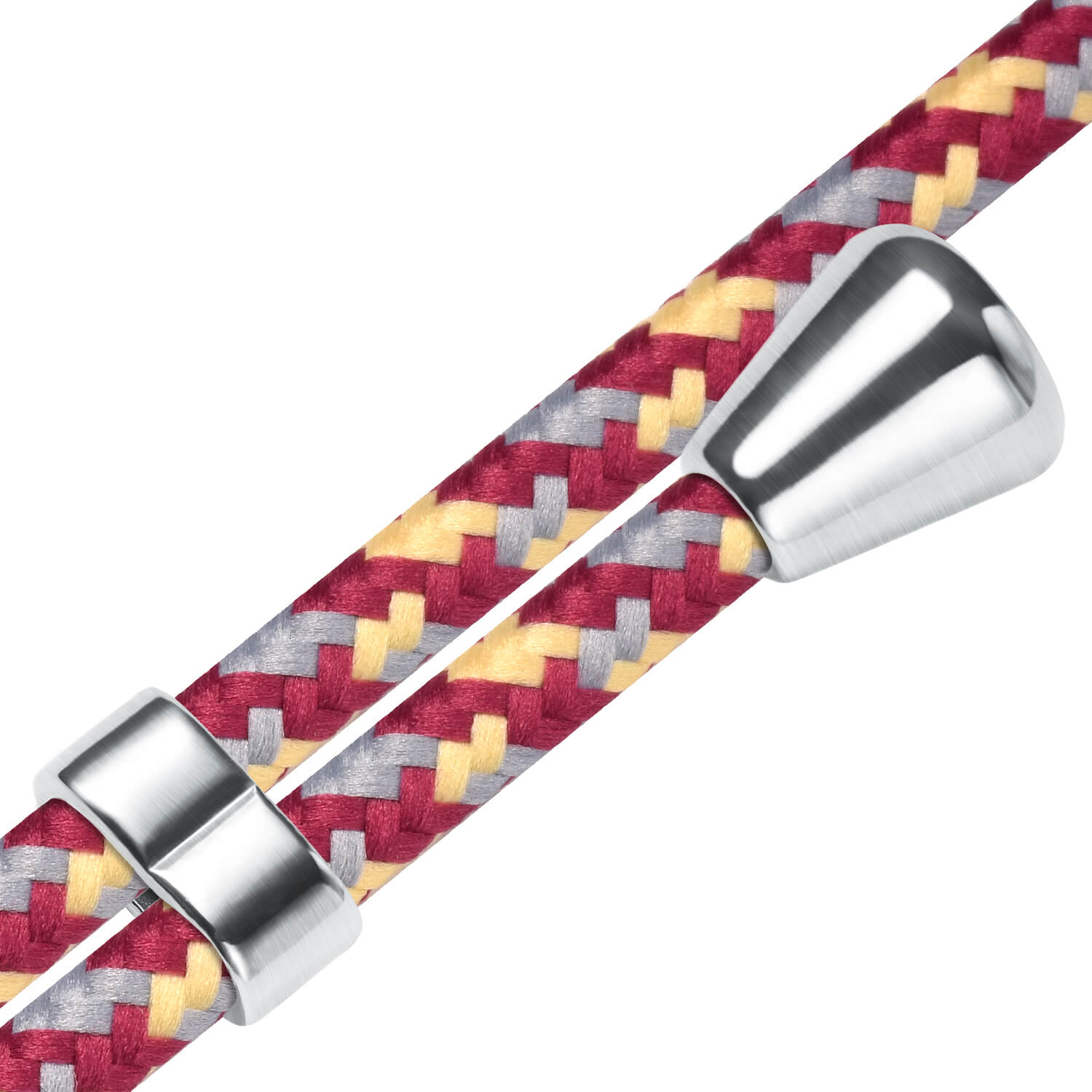 Nahaufnahme eines geflochtenen Kabels mit weinroten, silbernen und gelben Strähnen, mit silbernen Metallendstücken.