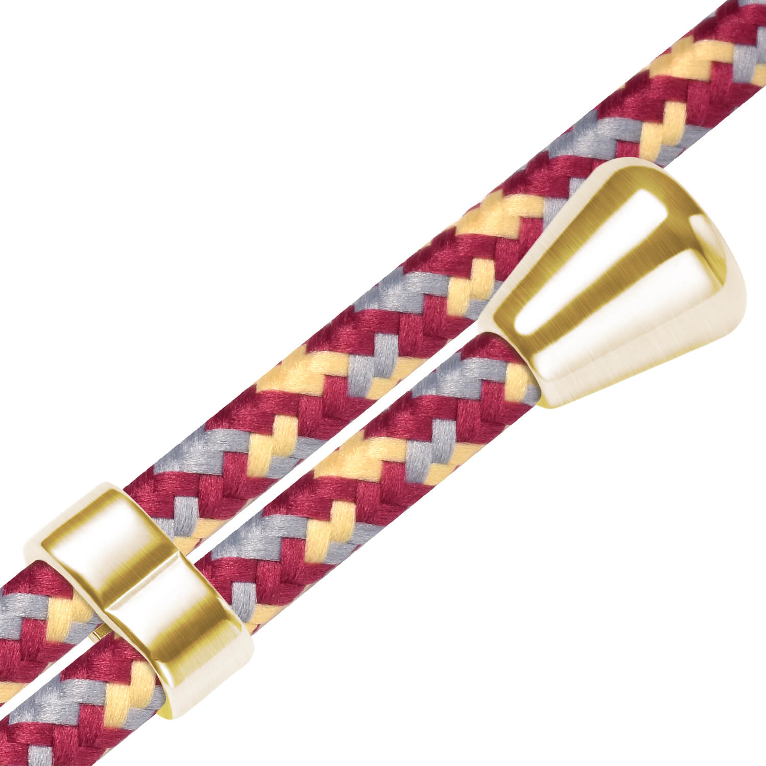 Zwei geflochtene Kabel: eines rot mit goldenen Akzenten und eines grau mit goldenen Akzenten, auf weißem Hintergrund.