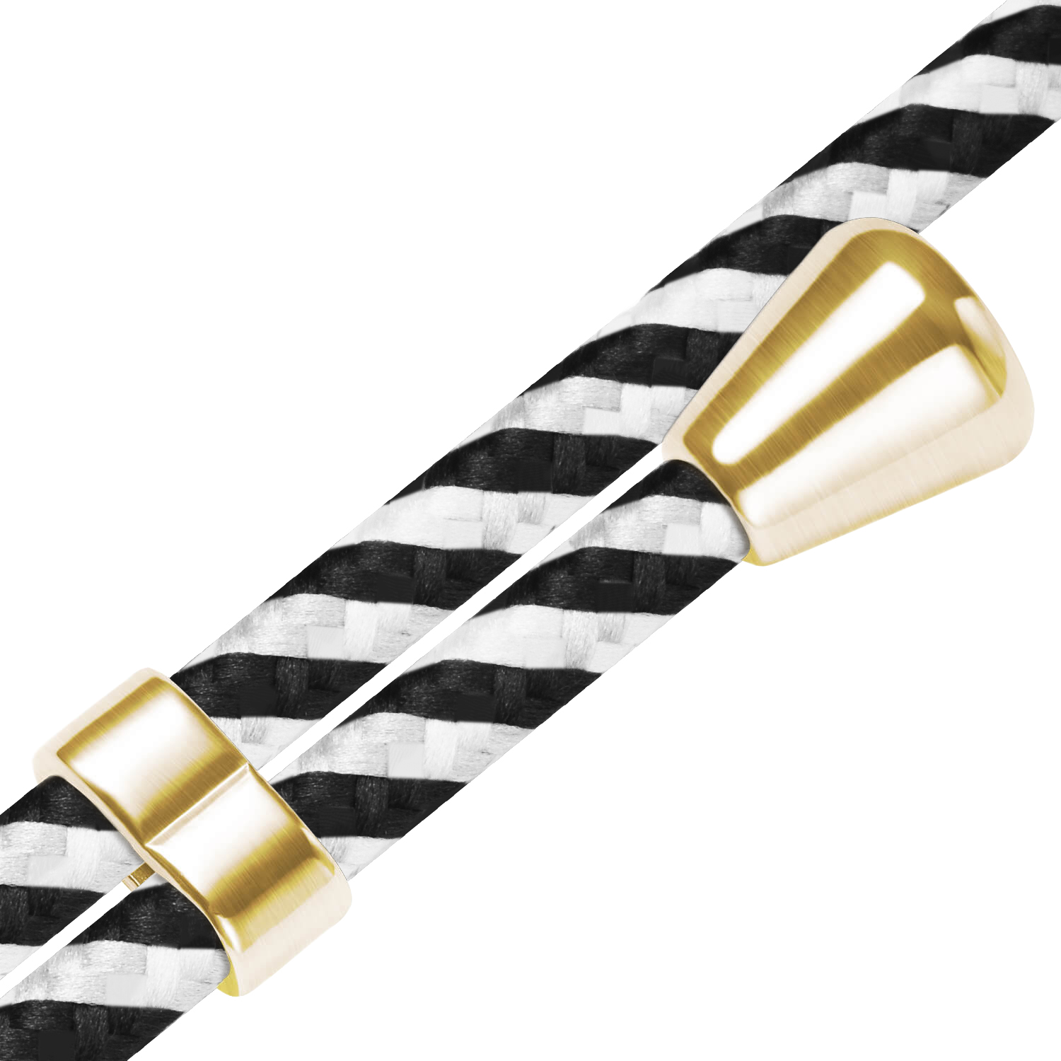 Nahaufnahme eines schwarz-weiß gestreiften Kabels mit goldfarbenen Metalldetails.