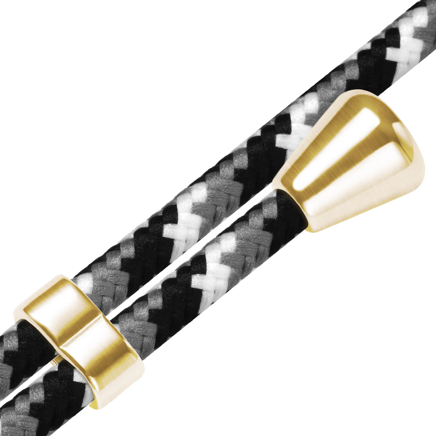 Eine Handykette mit einem schwarz-grau-weißen Webmuster. Es hat goldfarbene Metallakzente.
