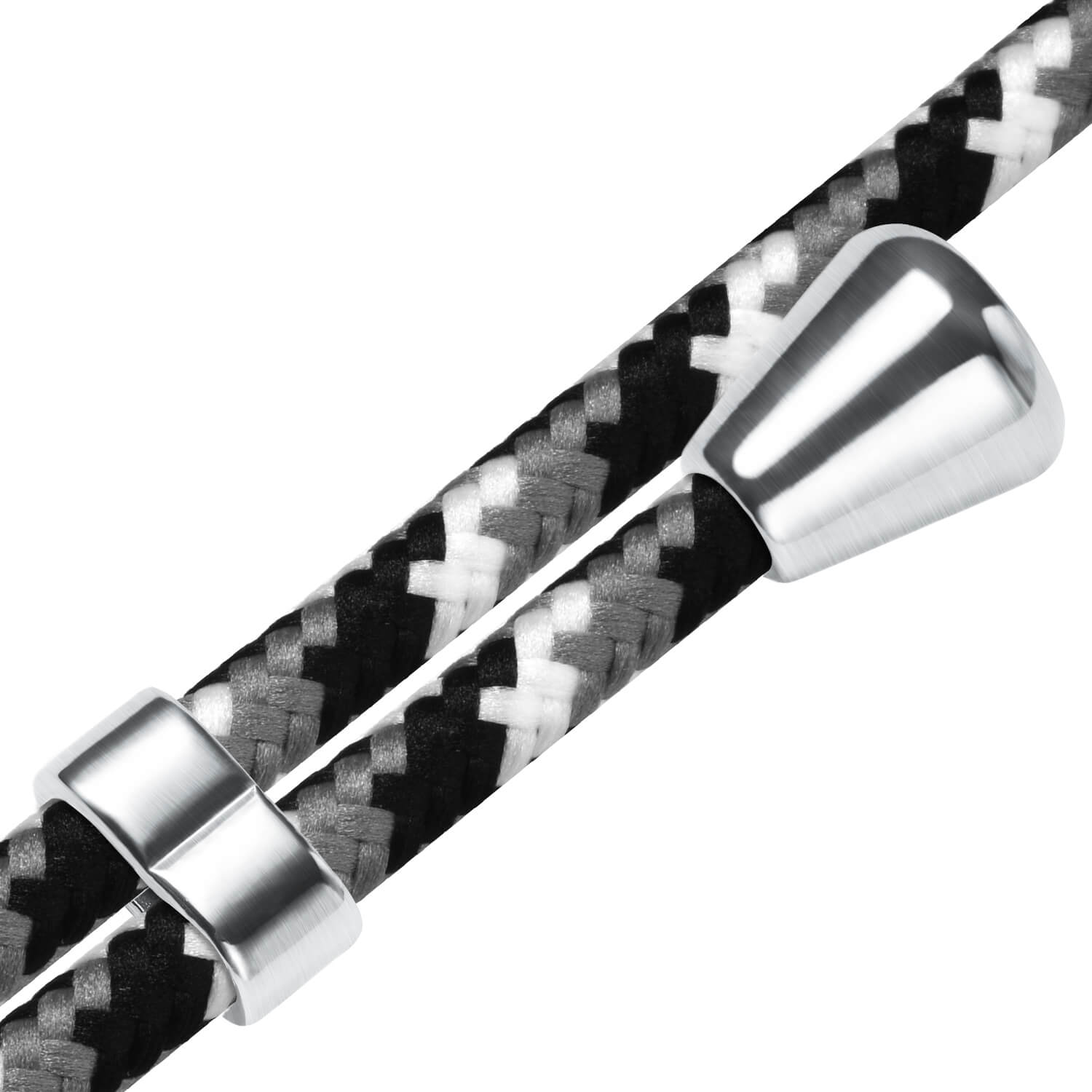Nahaufnahme eines schwarz-, grau- und weißgeflochtenen Kabels mit silbernen Metallringen und einem Kegel.