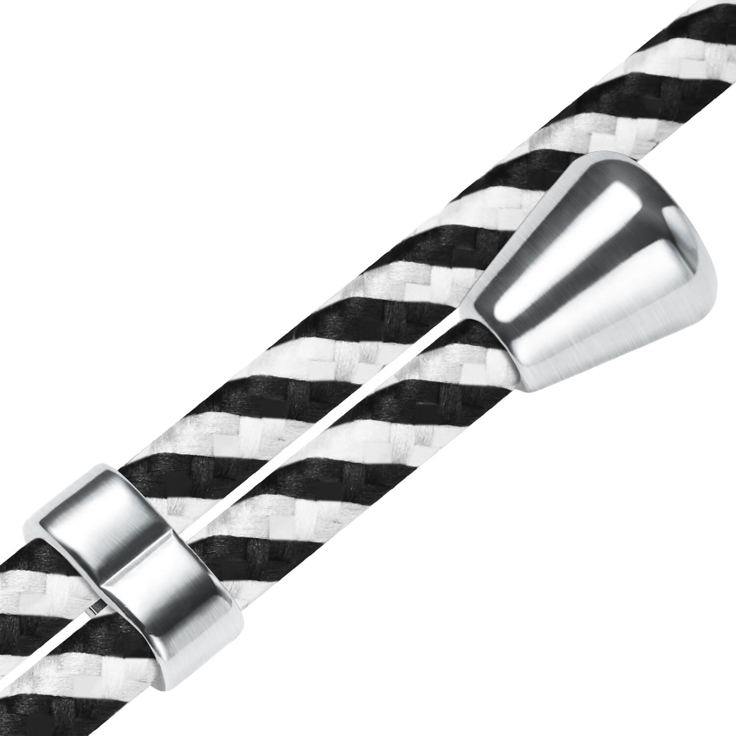 Nahaufnahme eines schwarz-weiß gestreiften Seils mit silbernen Metallakzenten.