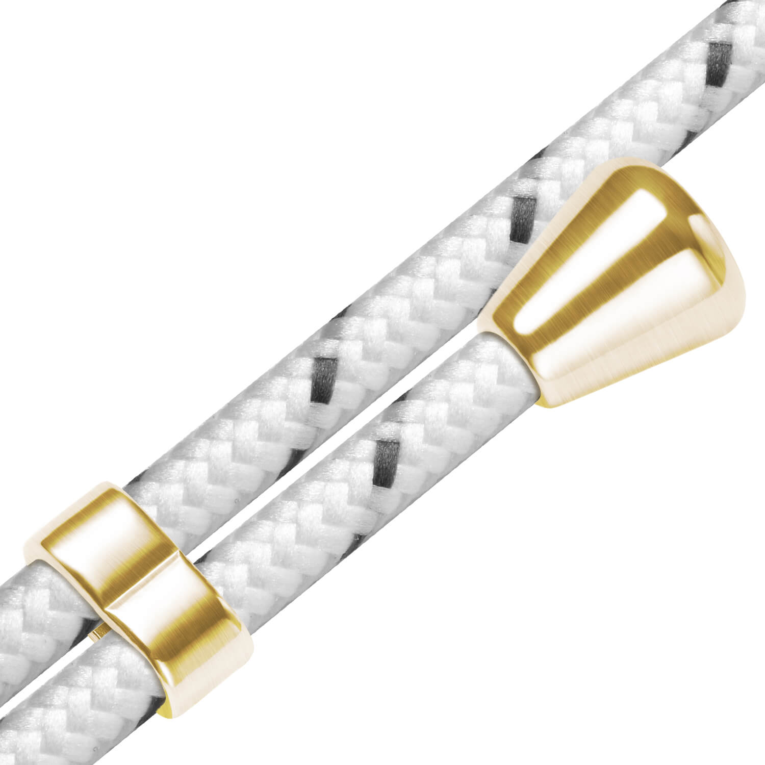 Weiß-schwarzes Kabel mit goldenen Anschlüssen.
