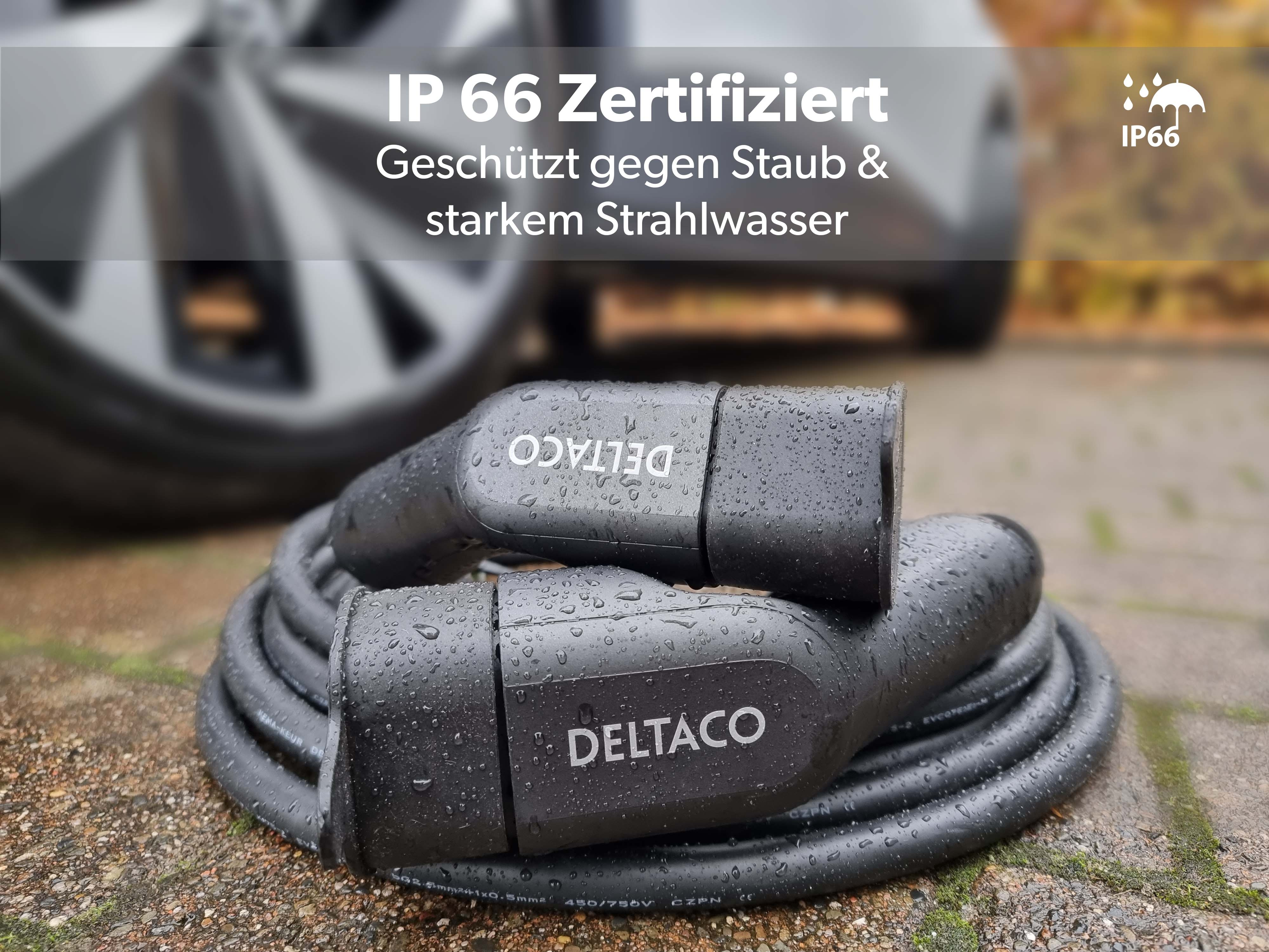 Electrical charging cables and connectors. Text reads: IP 66 Zertifiziert, Geschützt gegen Staub & starkem Strahlwasser.
