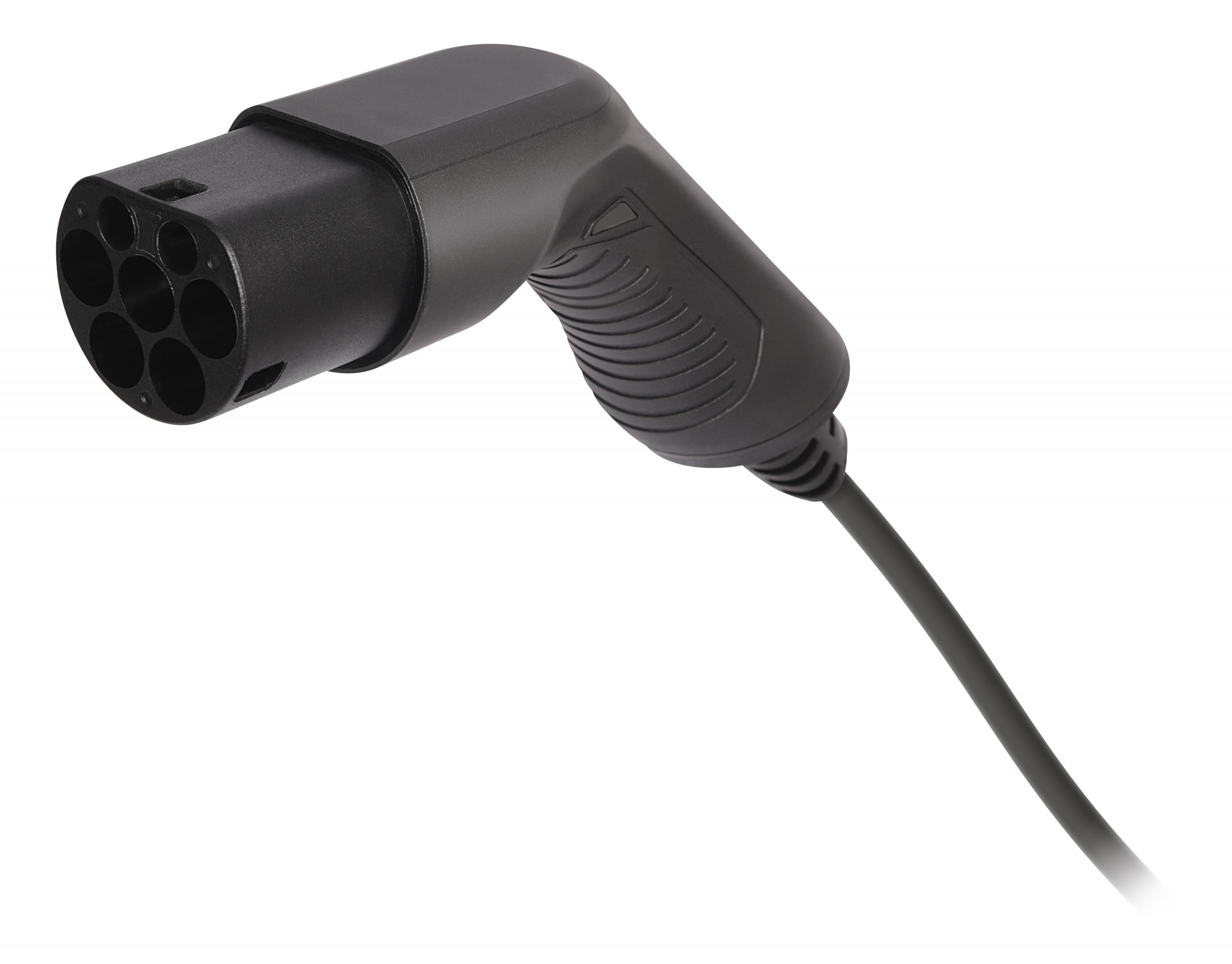 Schwarzes Ladekabel und -anschluss für Elektrofahrzeuge, isoliert auf weißem Hintergrund.