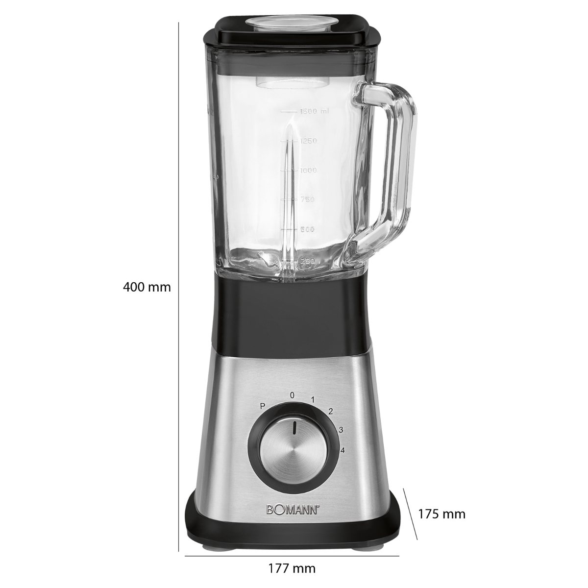 Srebrno-czarny blender. Szklany pojemnik z miarkami. Czarne tło.