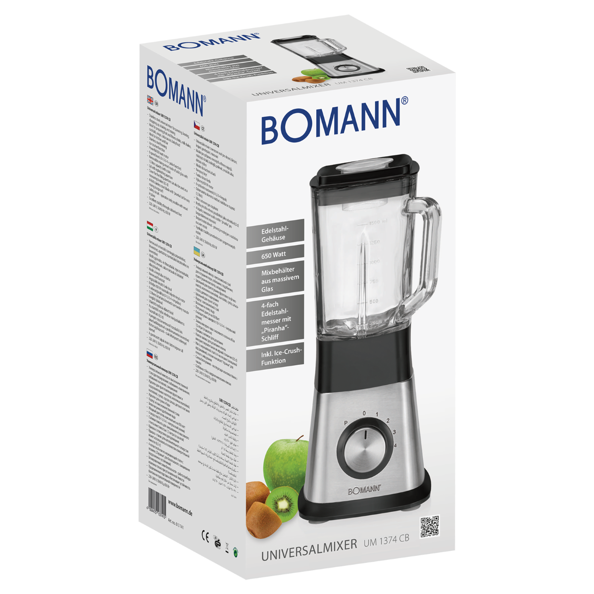 Pudełko blendera ze szczegółami produktu. Blender jest srebrny i czarny, z szklanym pojemnikiem na górze.