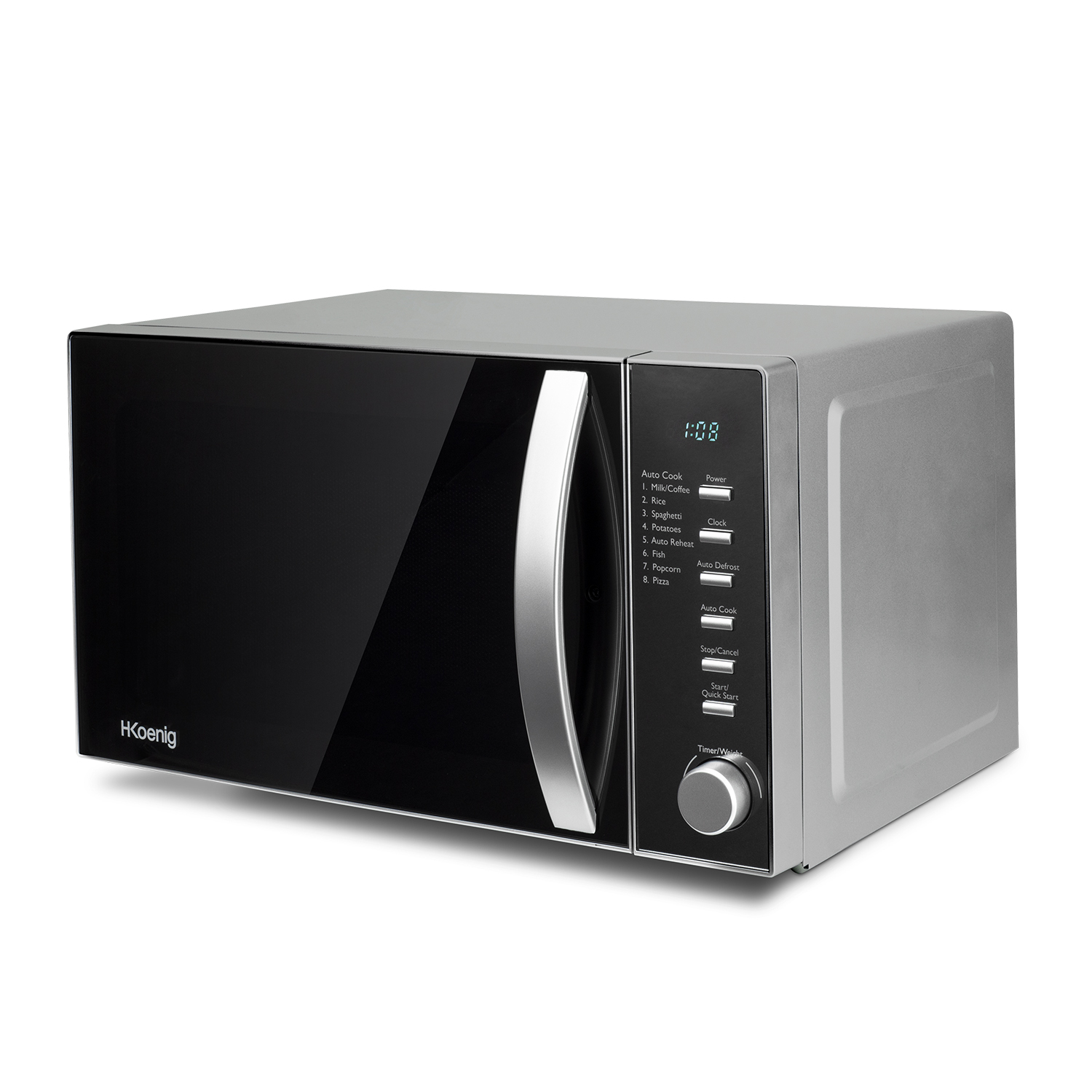 Srebrna i czarna kuchenka mikrofalowa. Ma czarne drzwi, cyfrowy wyświetlacz i panel sterowania. Widoczna jest nazwa marki HKoenig.
