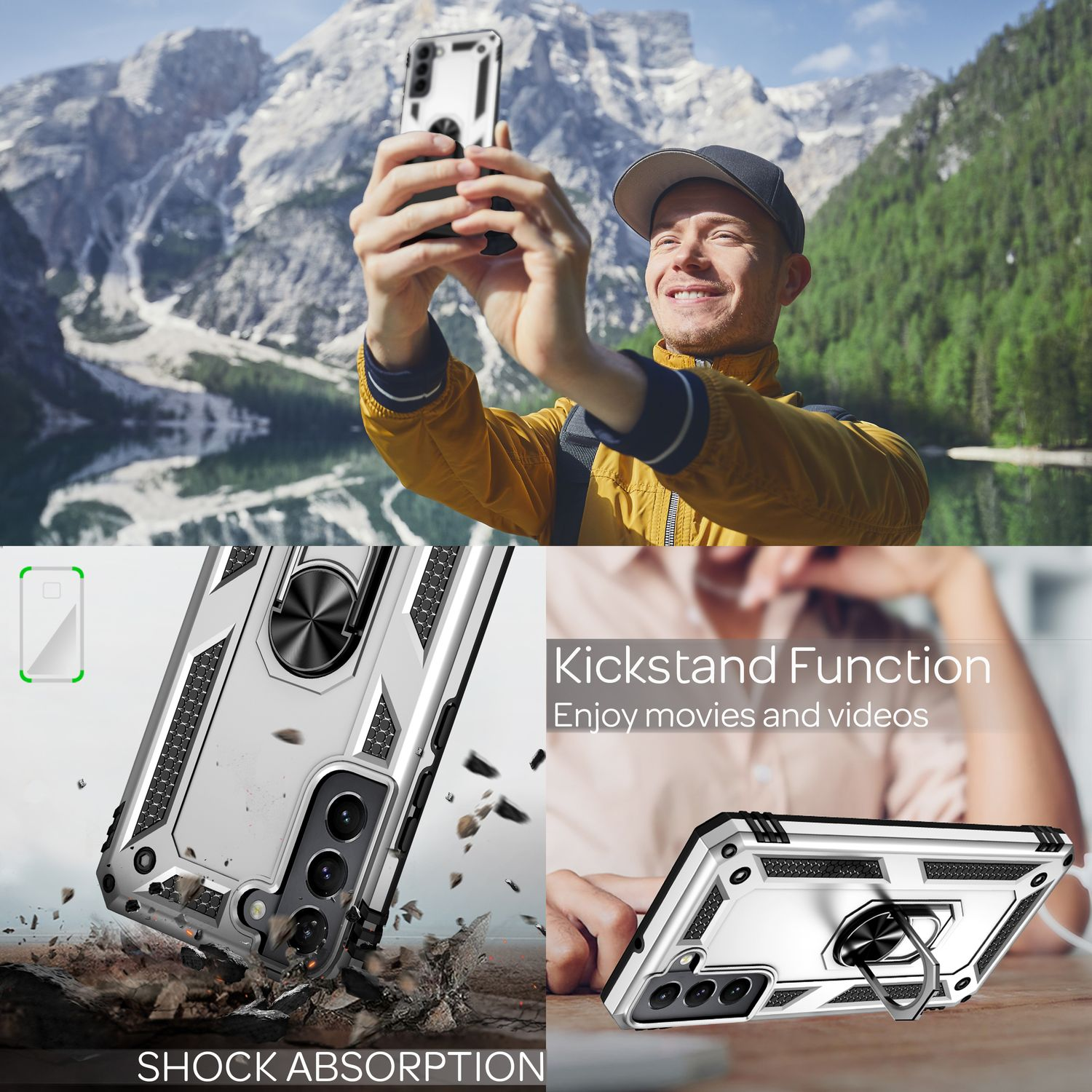 Person macht Selfie mit Telefon in Hülle. Text: Stoßdämpfung, Ständerfunktion.