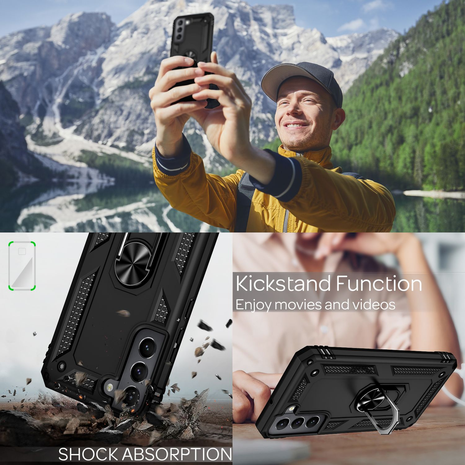 Ein Mann macht ein Selfie mit einem Telefon mit schwarzem Case, Berglandschaft im Hintergrund.