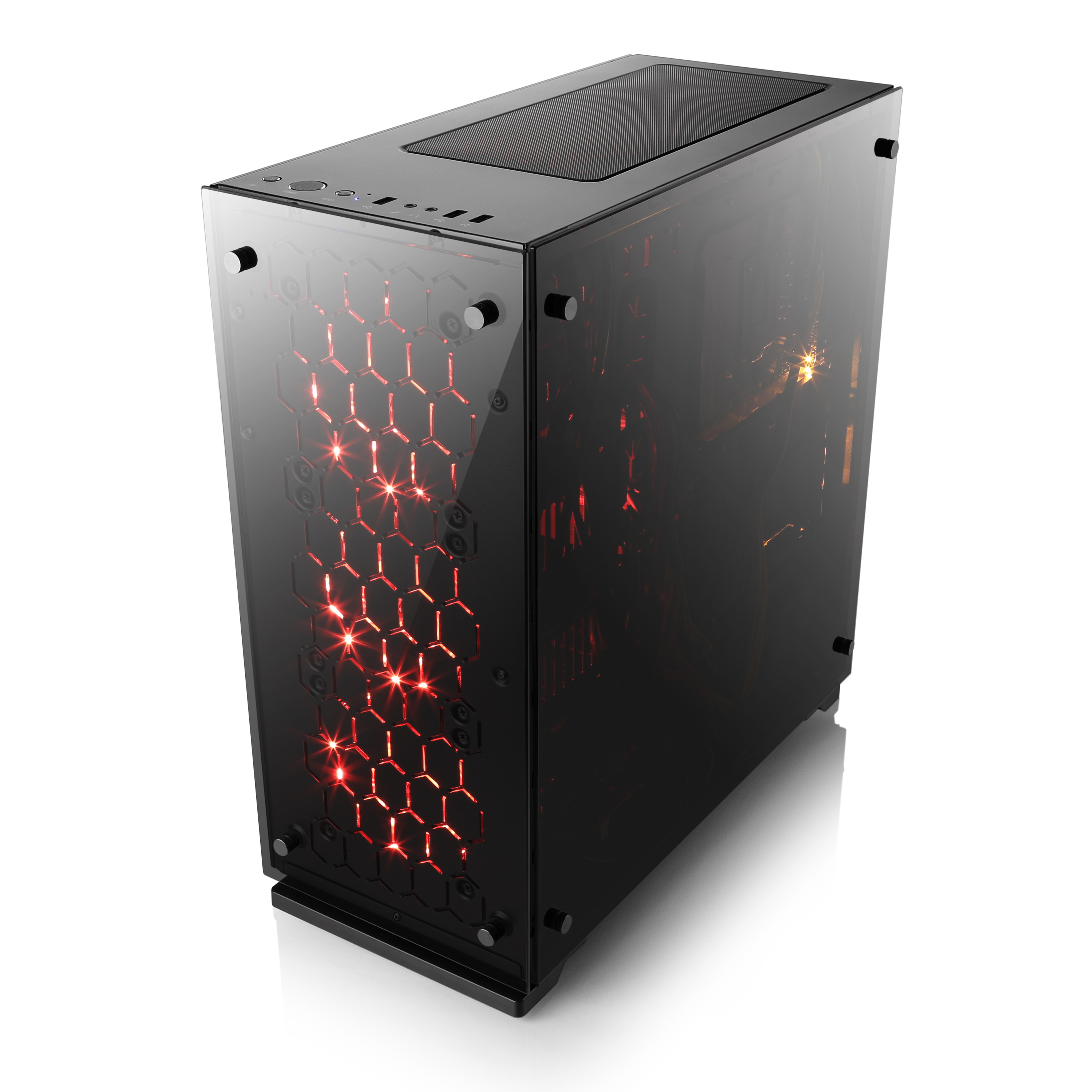 Ein schwarzes Computergehäuse mit Glasfenster, das rote Lichter im Inneren zeigt. Es steht auf einer weißen Oberfläche.