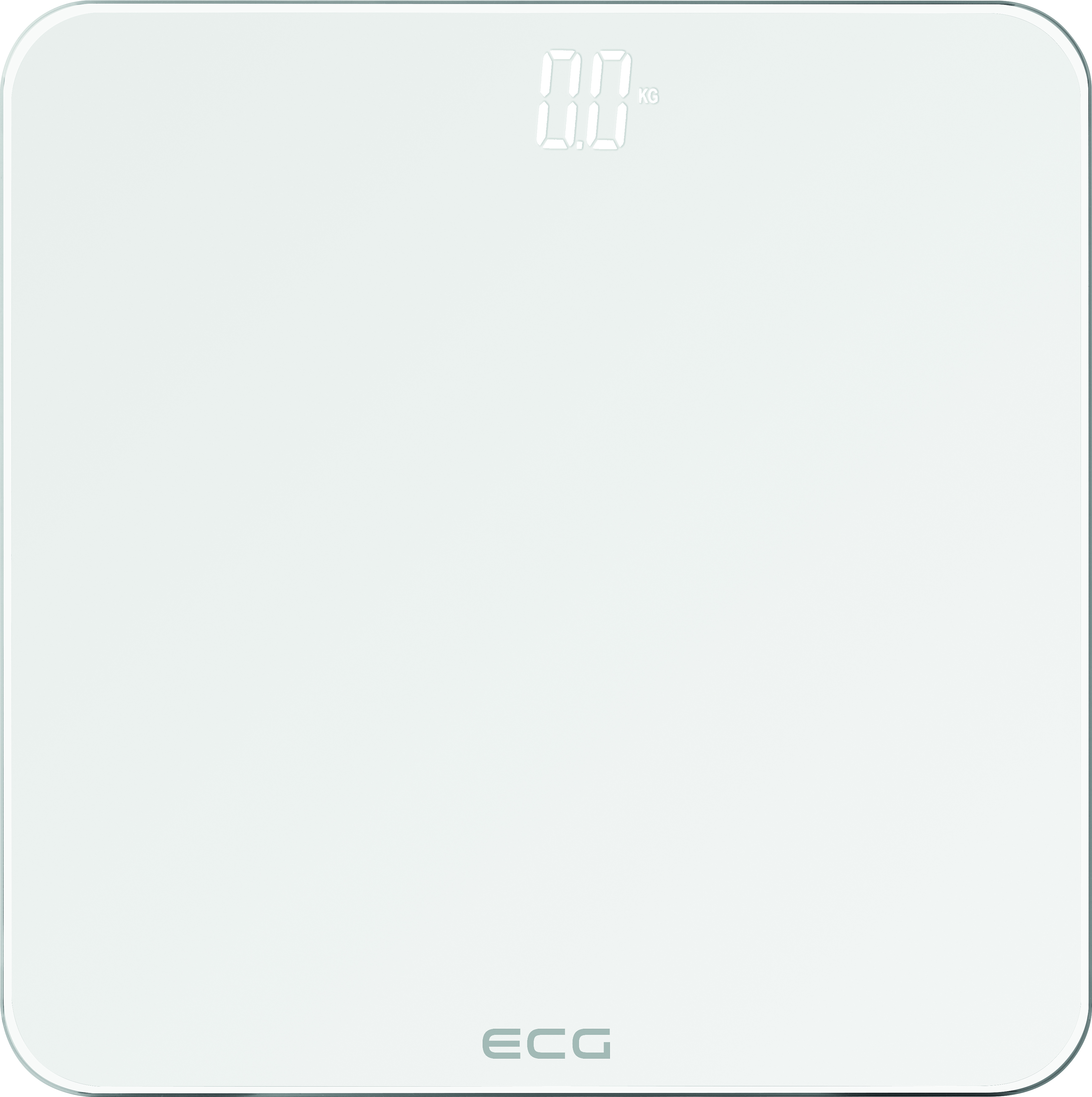 Bilancia digitale bianca con display digitale al centro che indica 0,0 KG e il marchio ECG in basso.