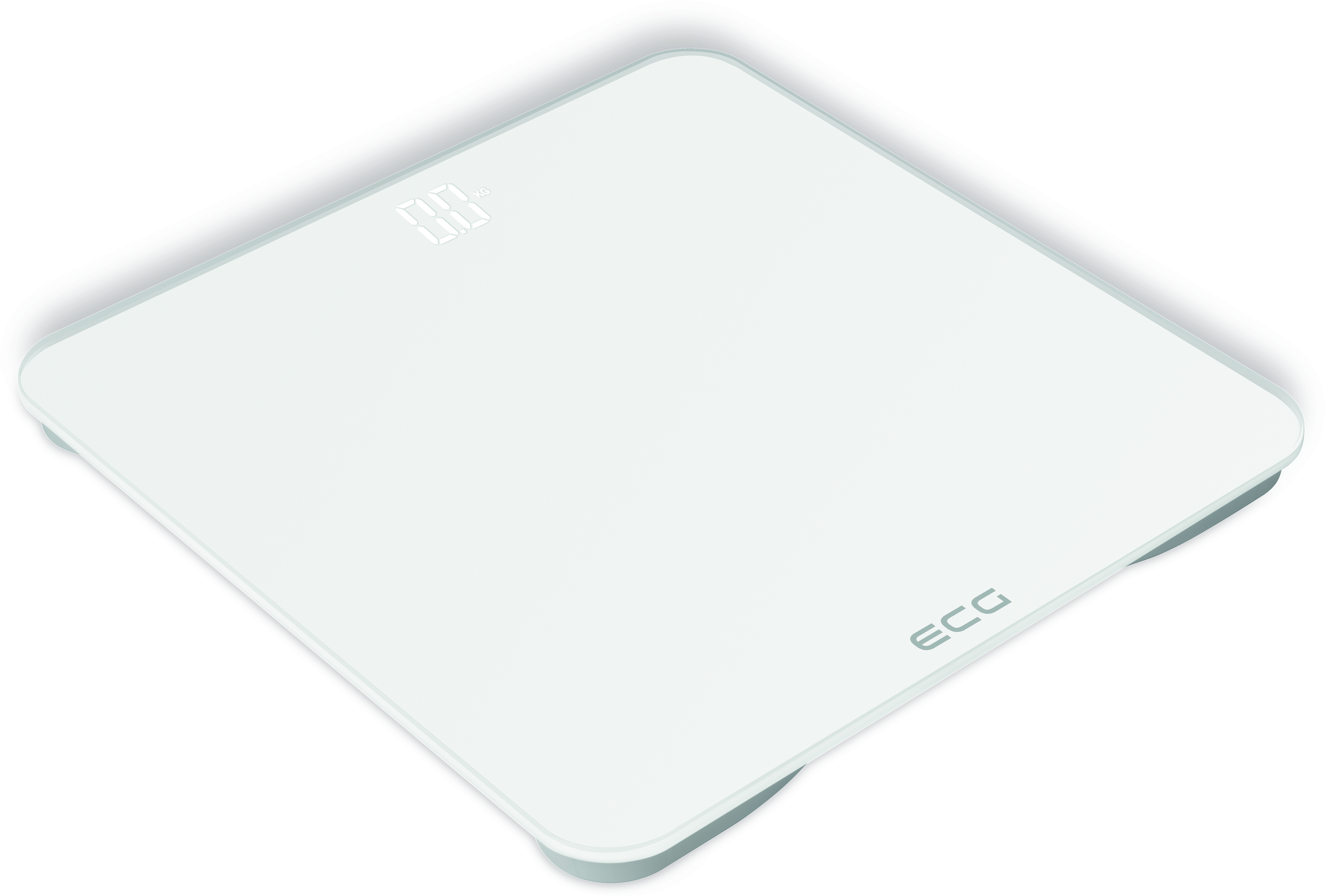 Una bilancia digitale bianca con il logo ECG. Il display mostra 0.0, sfondo bianco.
