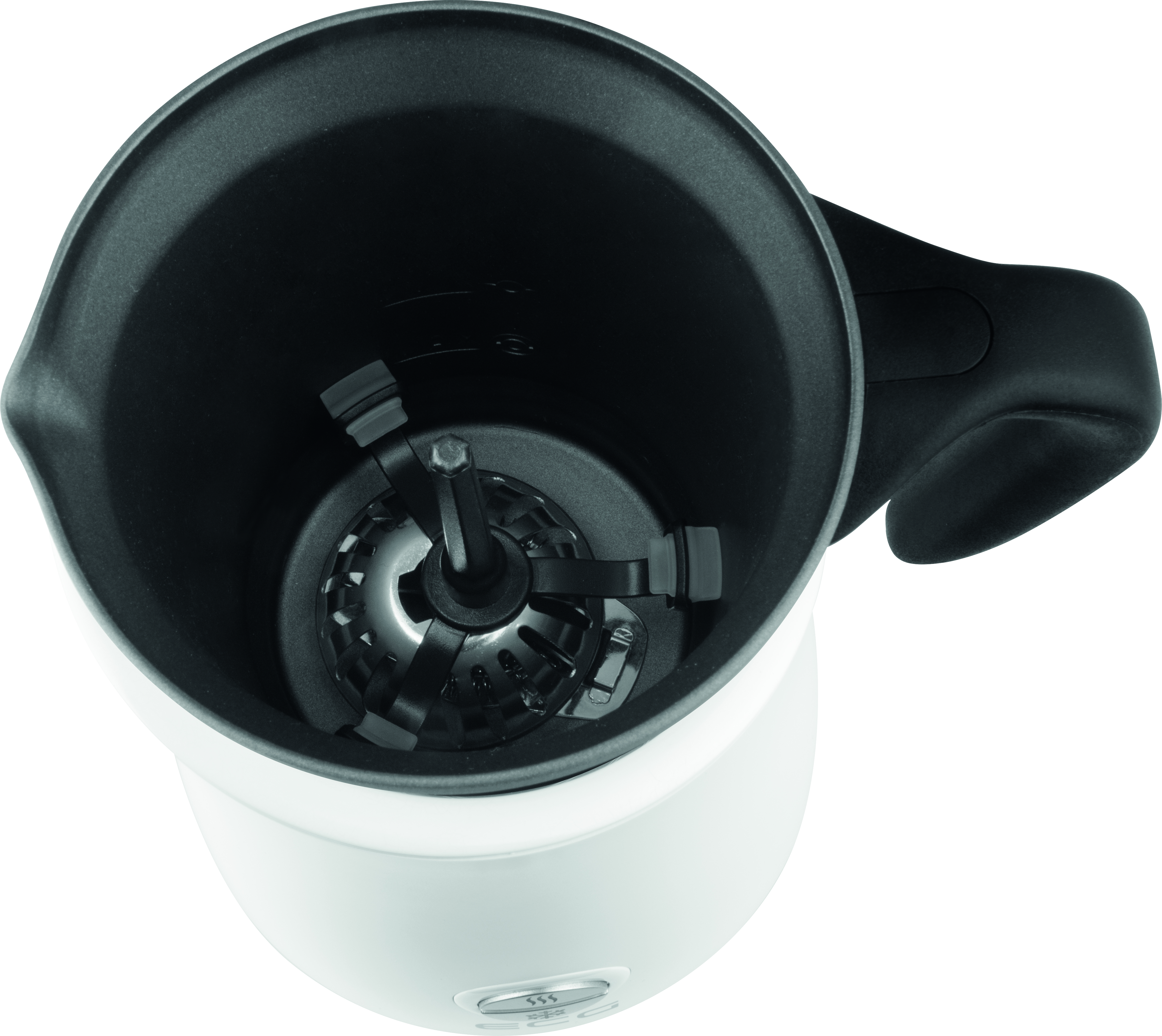 Biały blender z góry. Ma czarne wnętrze z elementem mieszającym.