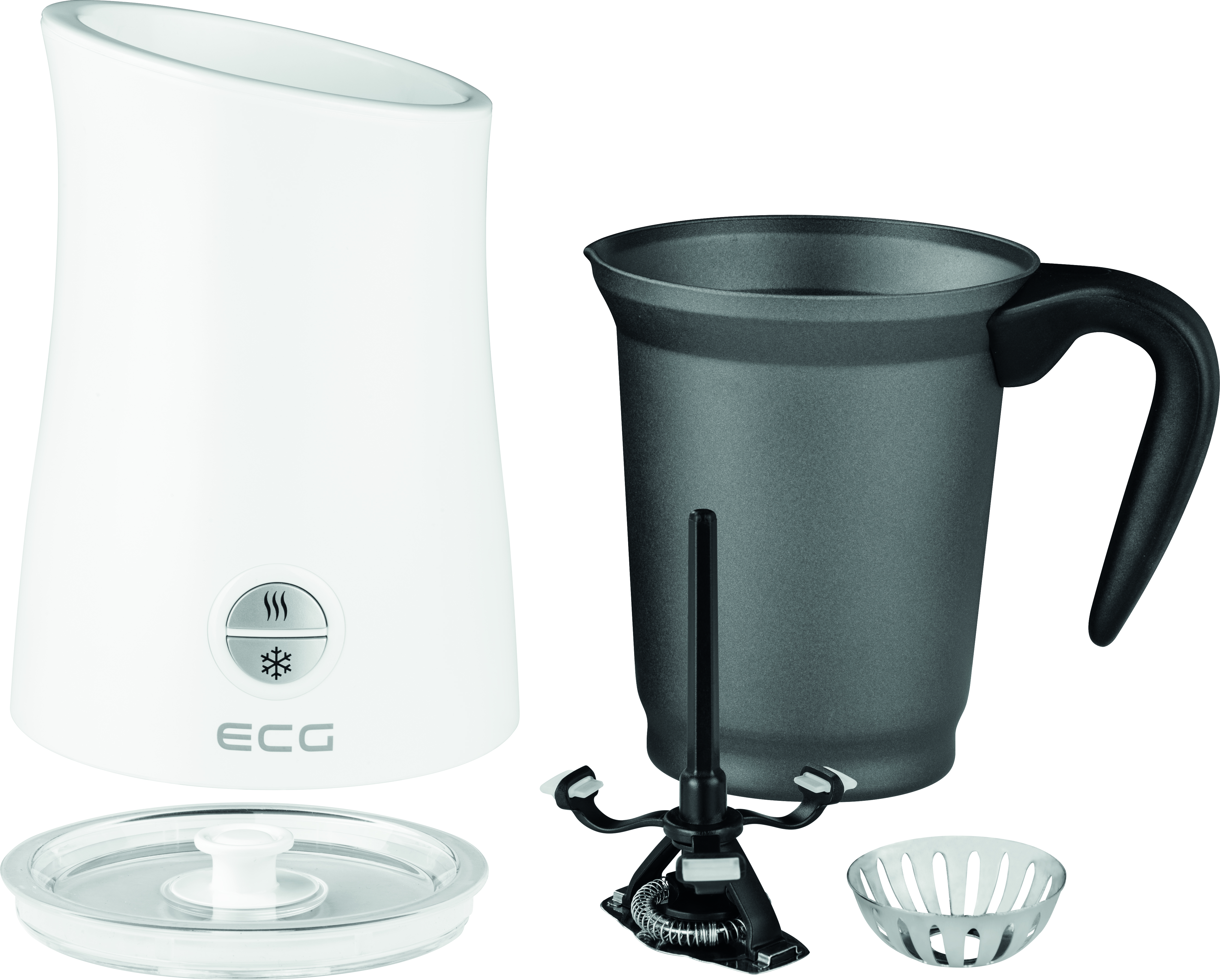 Biały spieniacz do mleka i szary dzbanek do spieniania z przystawkami, na białym tle.