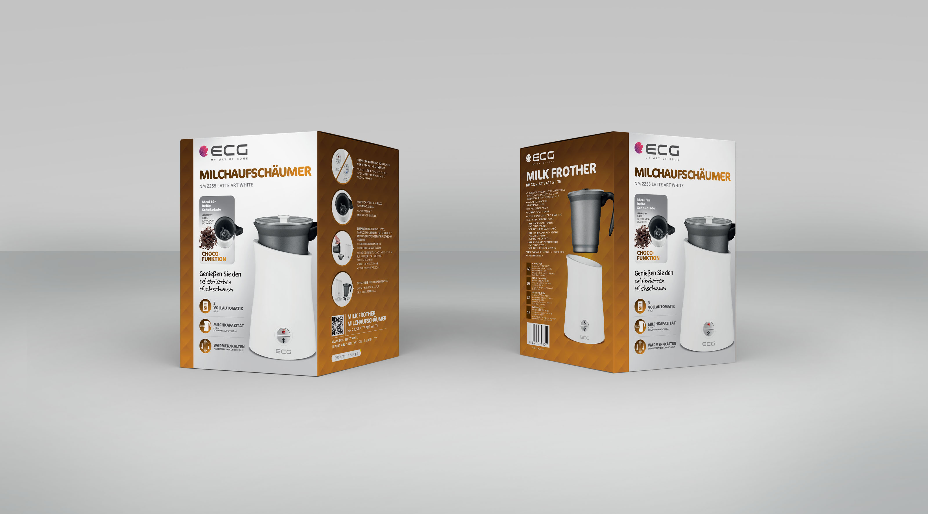 Dwa opakowania produktu do spieniania mleka, oba pokazujące produkt i jego cechy.