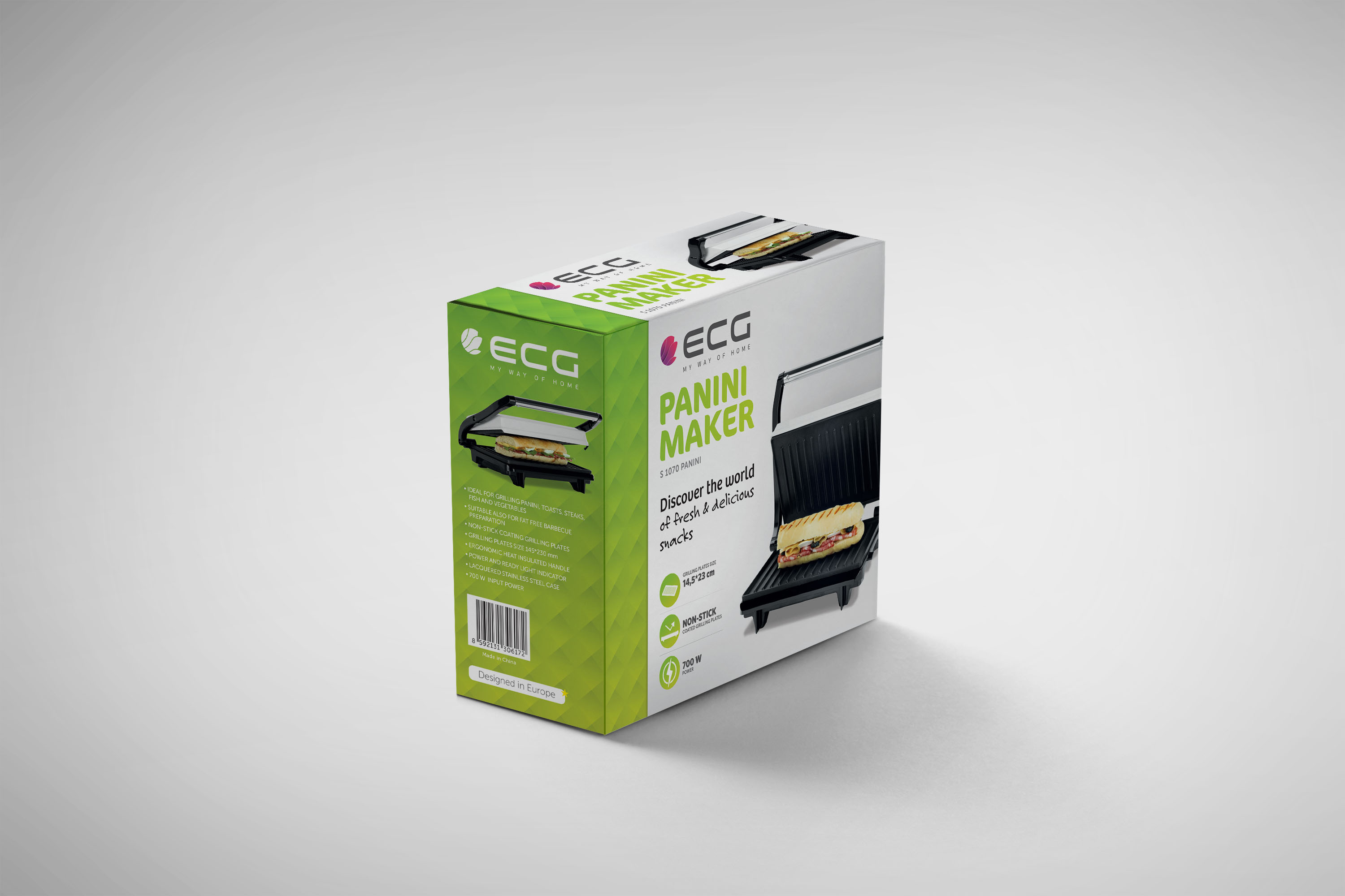 Eine Panini-Maker-Produktbox mit Bildern und Text vor hellgrauem Hintergrund.