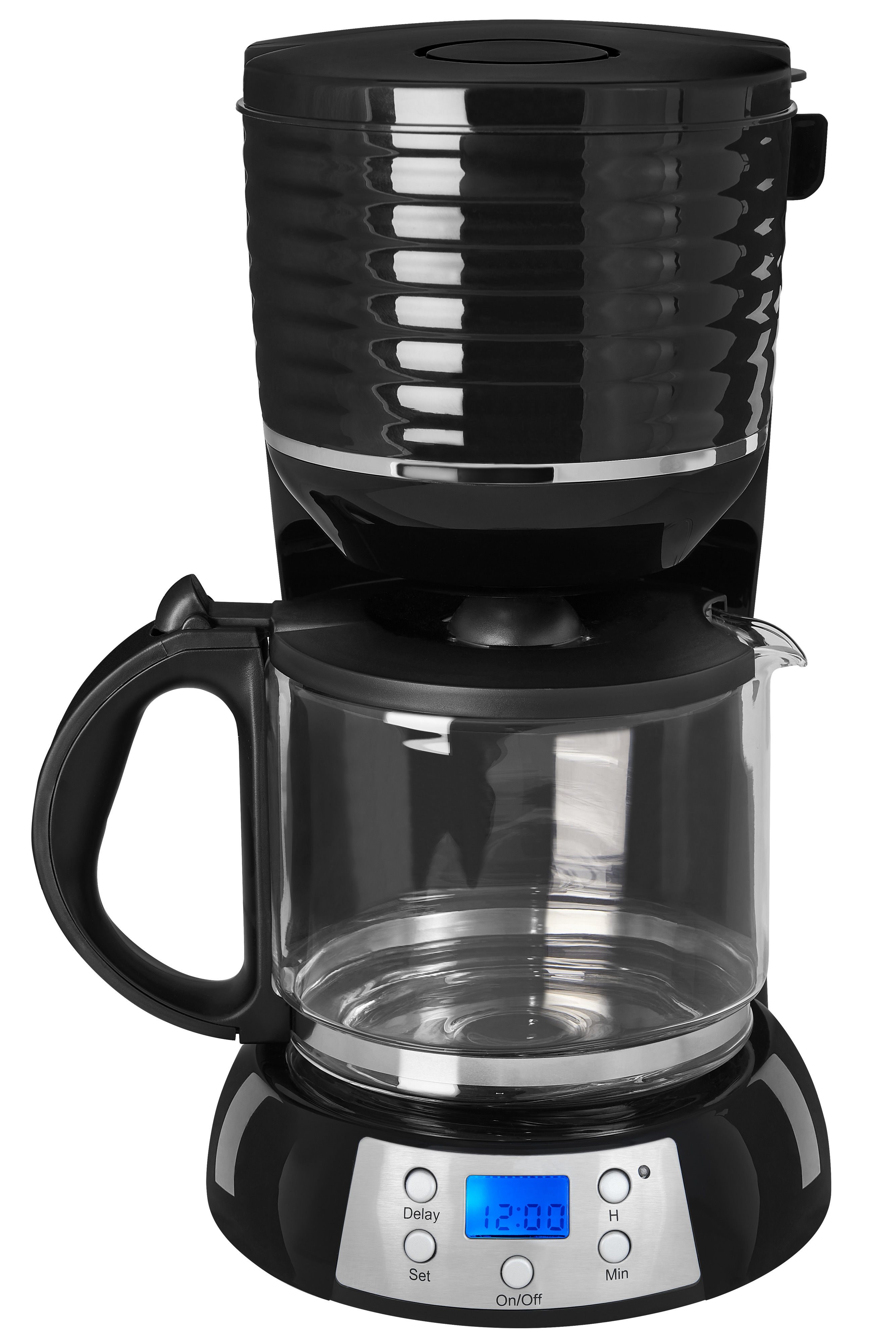 Schwarze Kaffeemaschine mit Glaskaraffe und Digitalanzeige mit Uhrzeit.