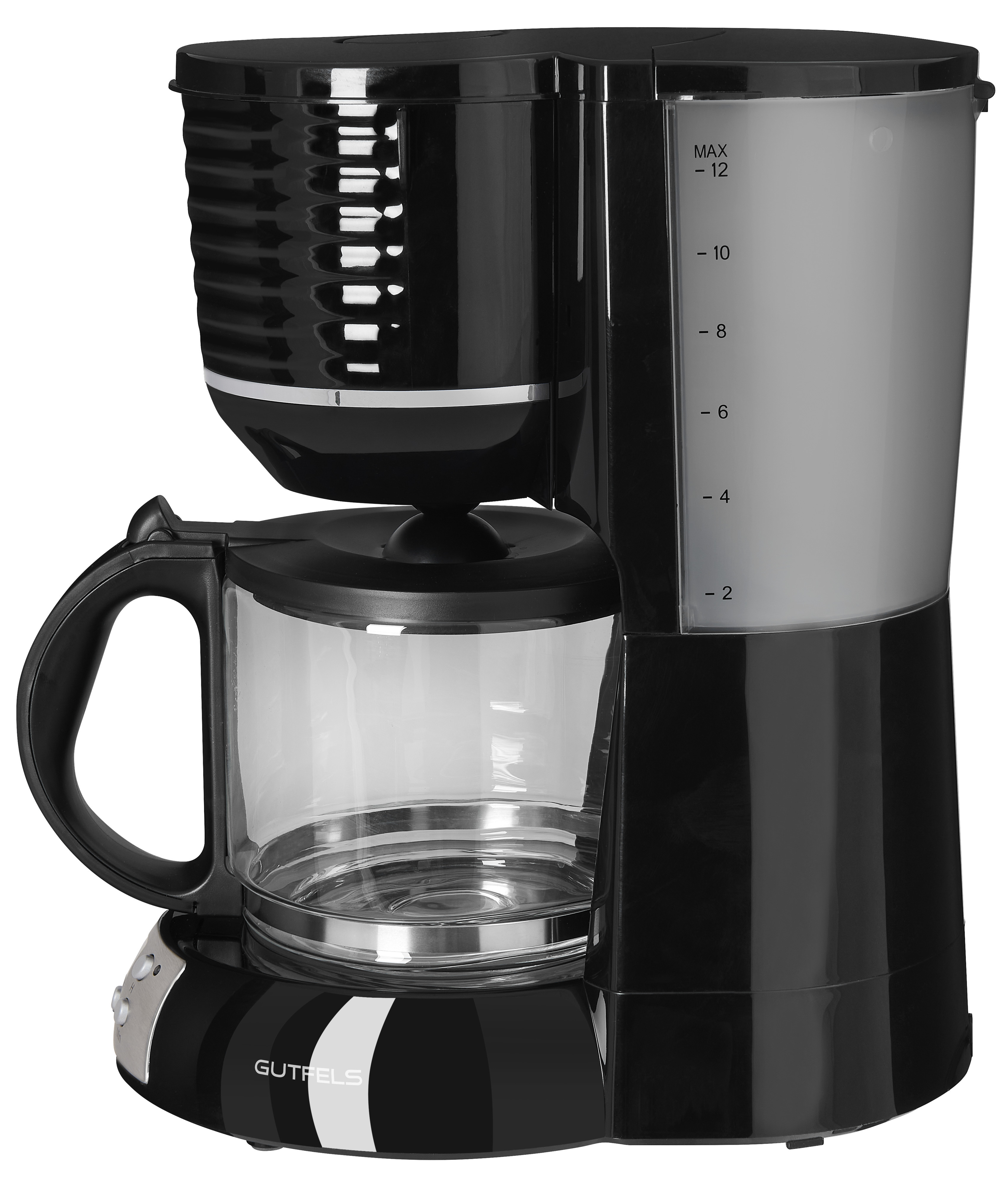 Schwarz-silberne Kaffeemaschine mit Glaskaraffe, klarer Wasserstandsanzeige.