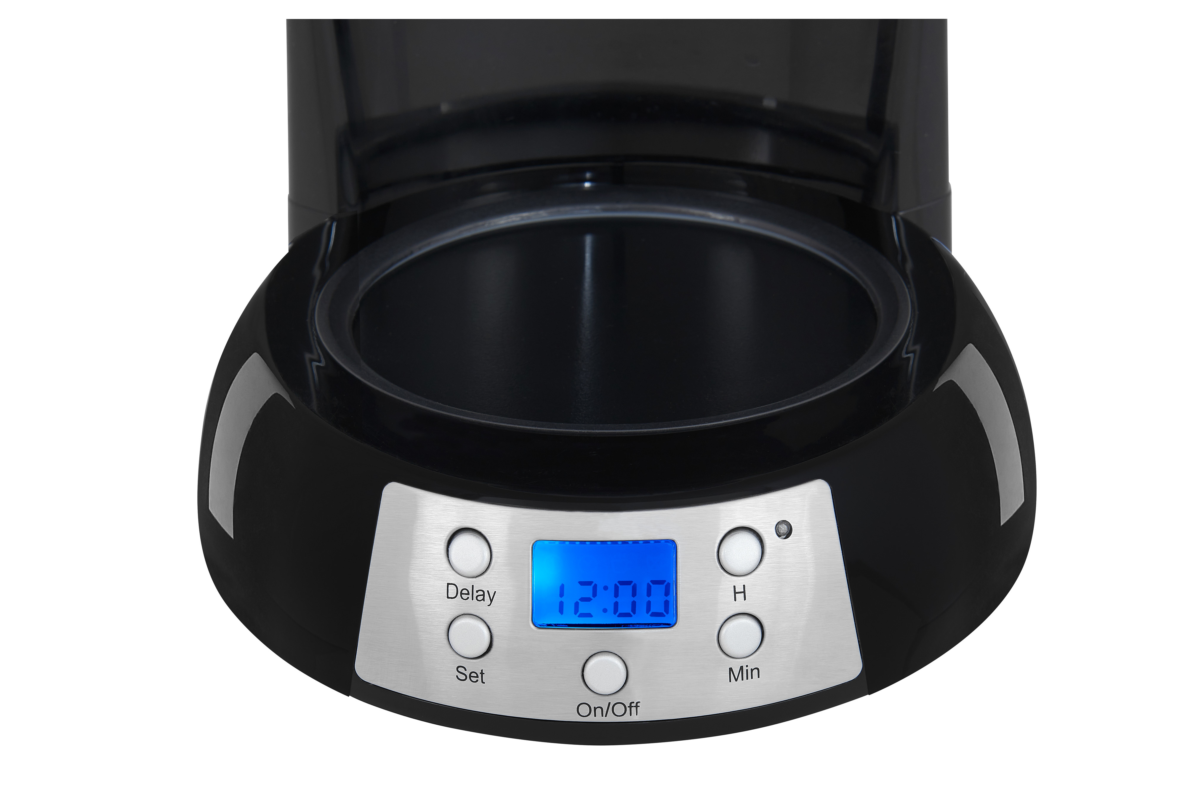 Nahaufnahme eines schwarzen Kaffeemaschinenbodens. Es hat ein digitales Display und silberne Knöpfe.