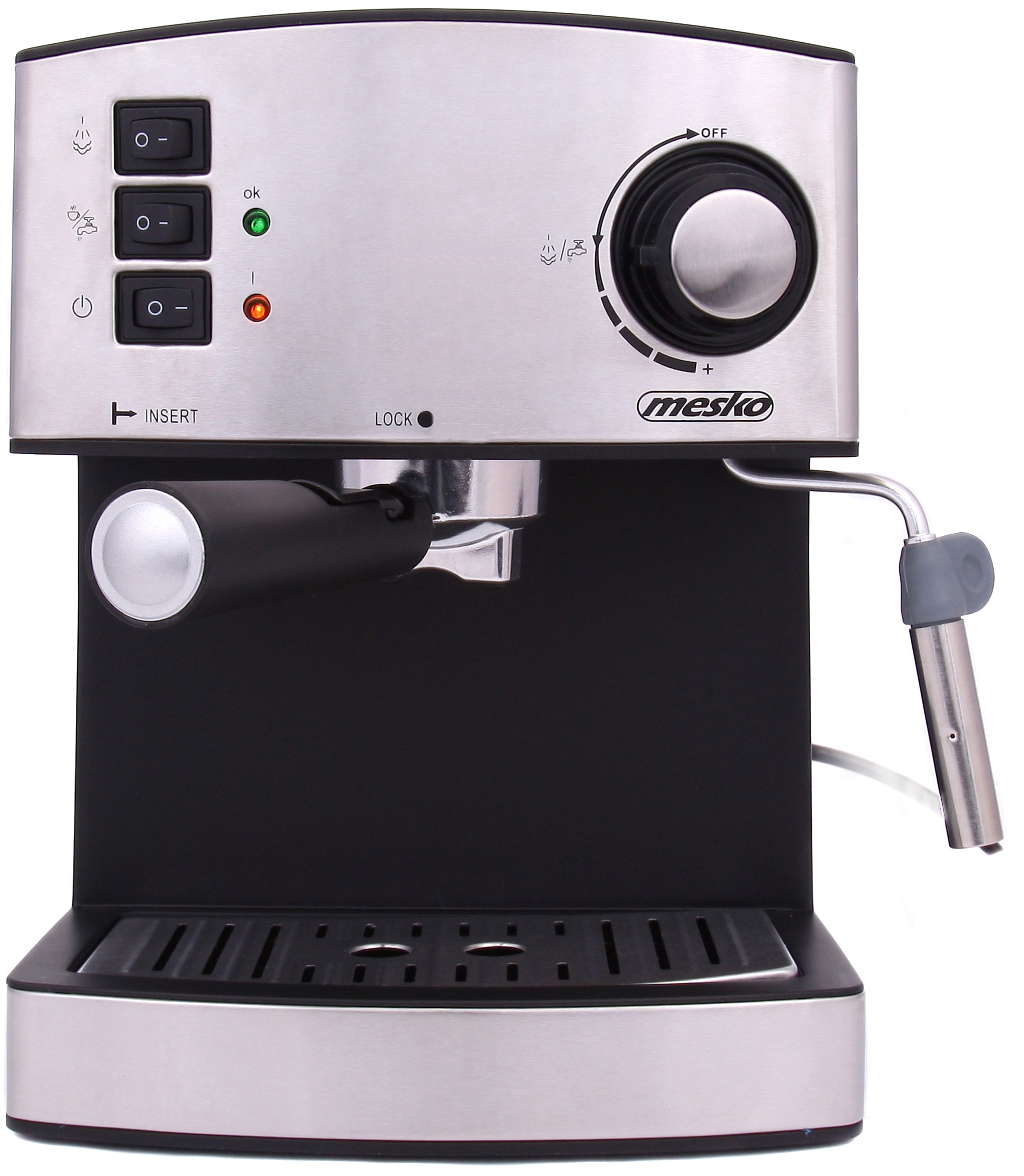Espressomaschine mit Edelstahlgehäuse und schwarzen Akzenten, auf weißer Oberfläche.