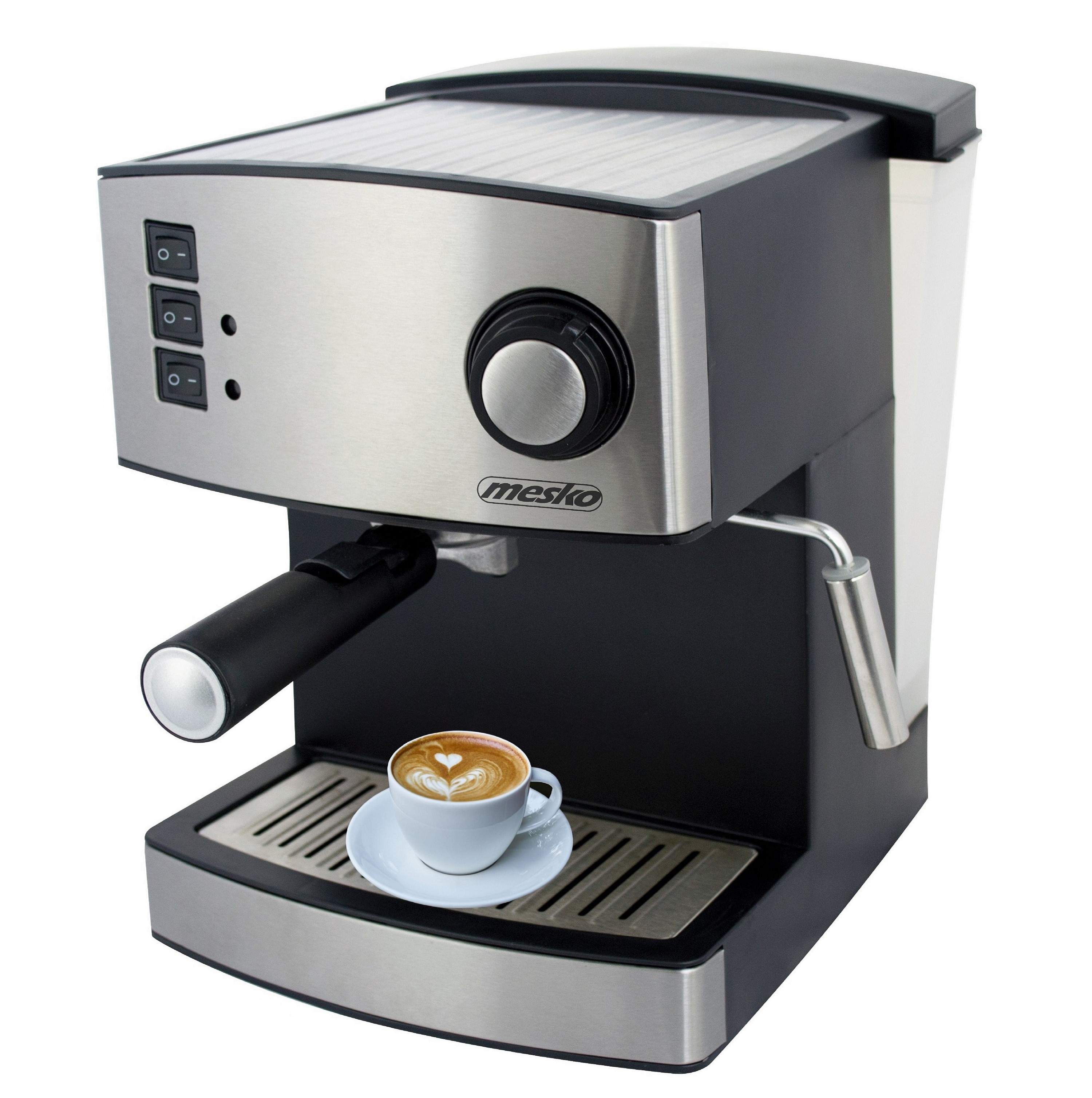 Espressomaschine mit einer Tasse Cappuccino. Die Maschine ist silber und schwarz.
