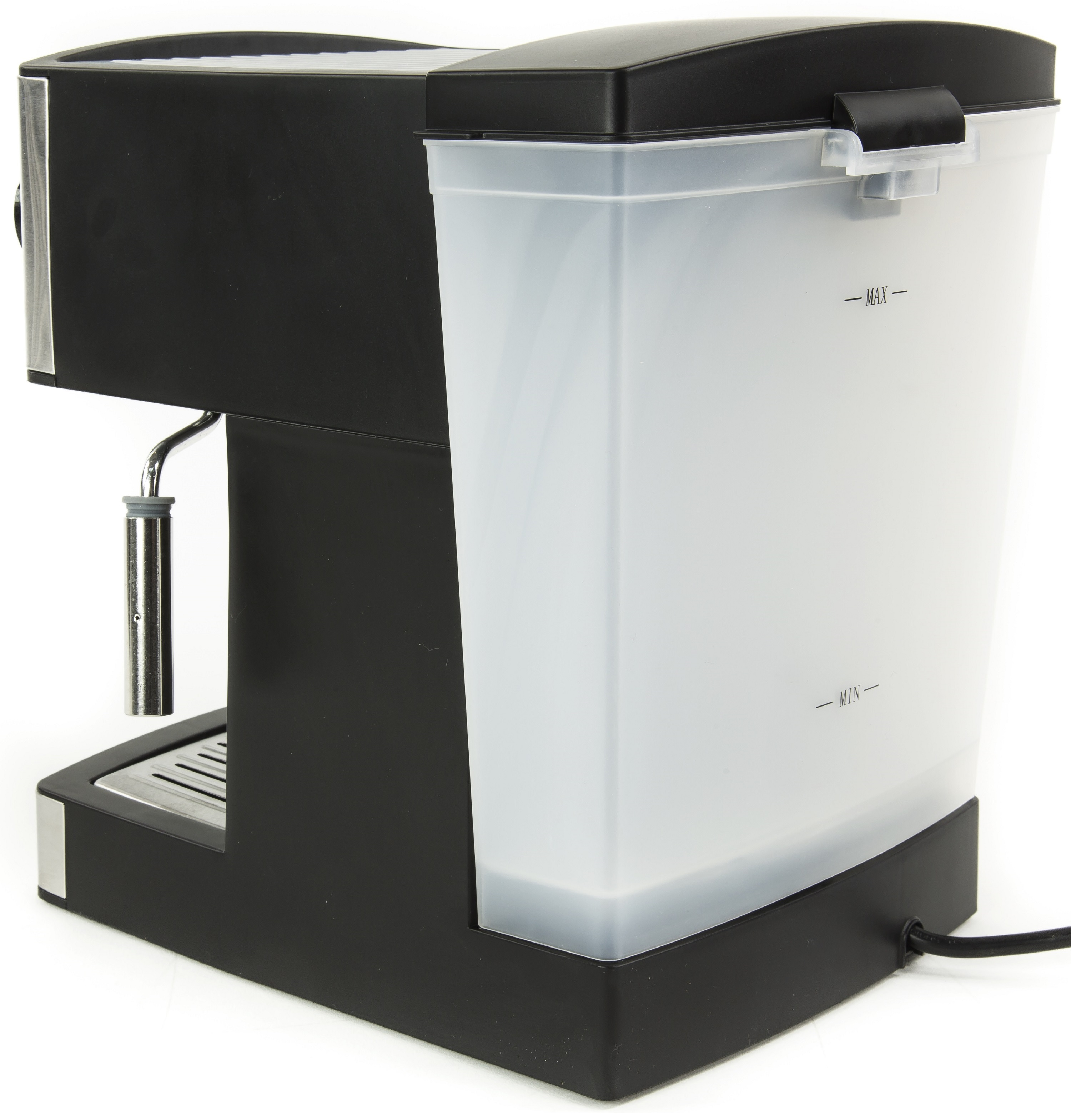 Schwarz-silberne Espressomaschine mit einem durchsichtigen Wassertank an der Seite.
