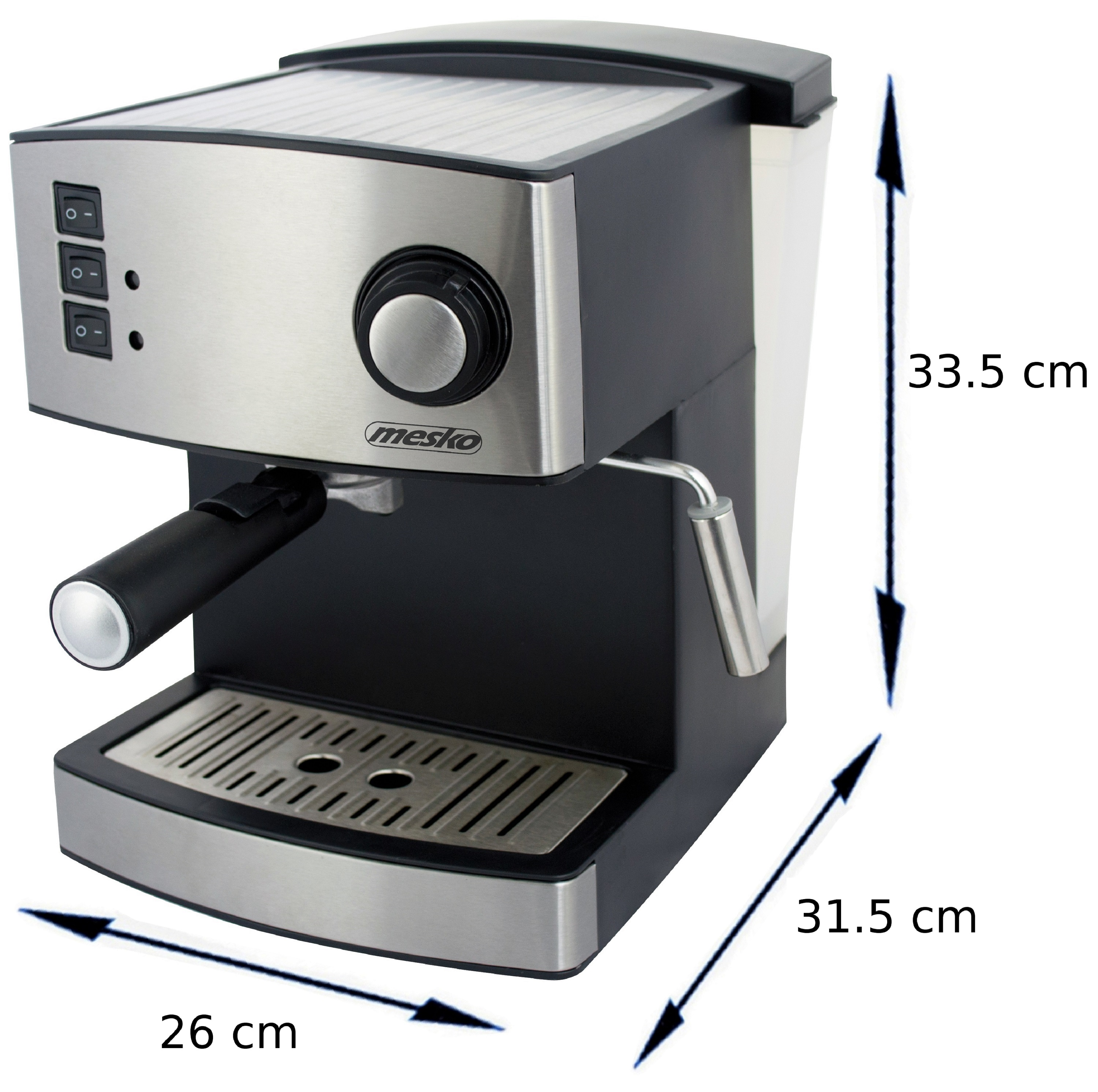 Silber-schwarze Espressomaschine. Hat die Abmessungen: 26x31,5x33,5 cm. mit Knöpfen und einer Dampflanze.