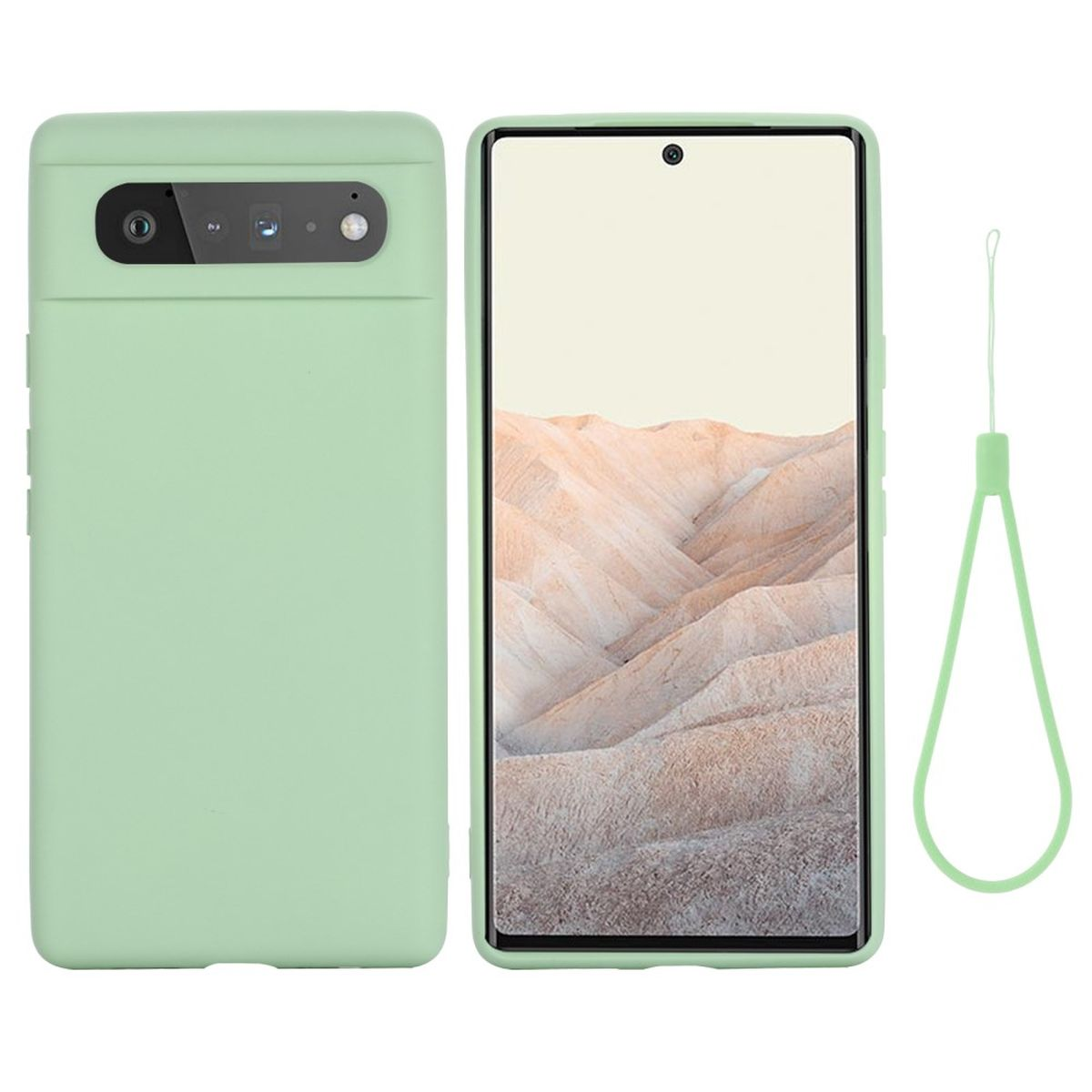 Minzgrüne Handyhülle mit Telefon und grünem Band. Weißer Hintergrund.
