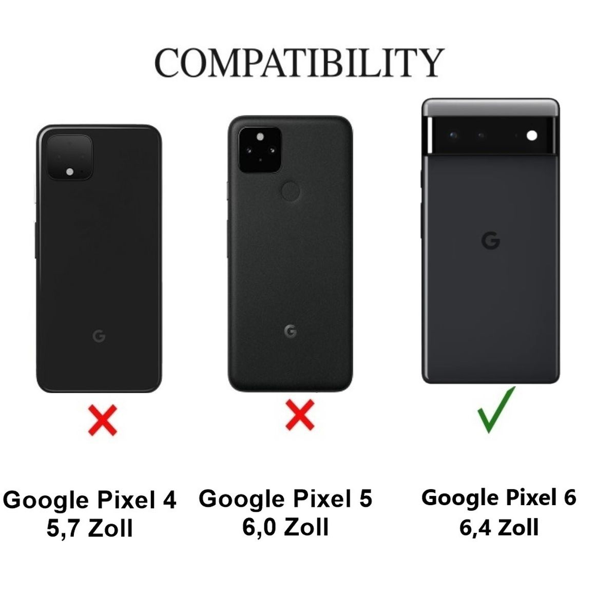 Diagramm, das drei Google Pixel-Telefone vergleicht und die Kompatibilität zeigt. Grünes Häkchen für Pixel 6.