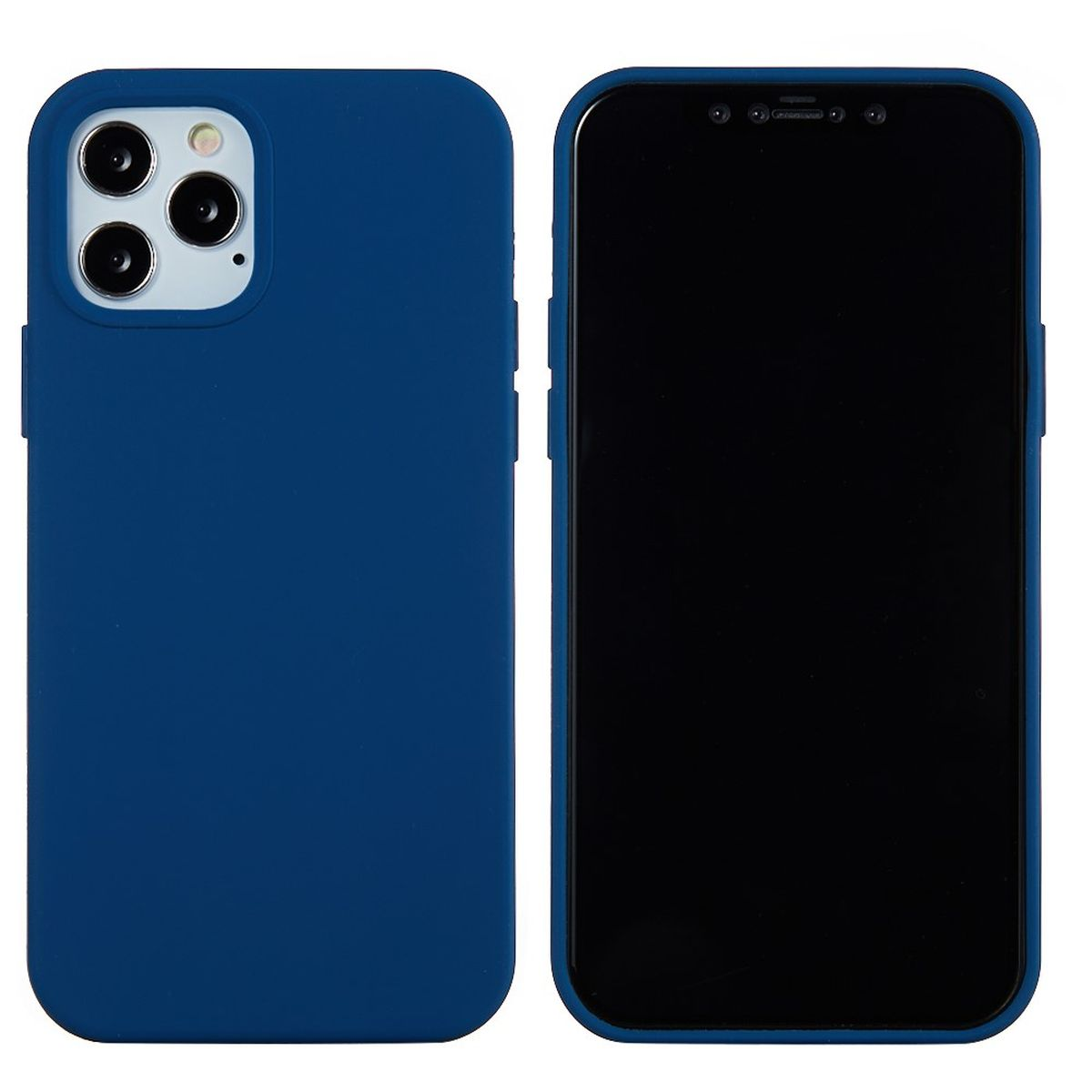 Eine blaue Handyhülle neben einem schwarzen Telefon. Das Telefon ist schwarz und der Bildschirm ist sichtbar.
