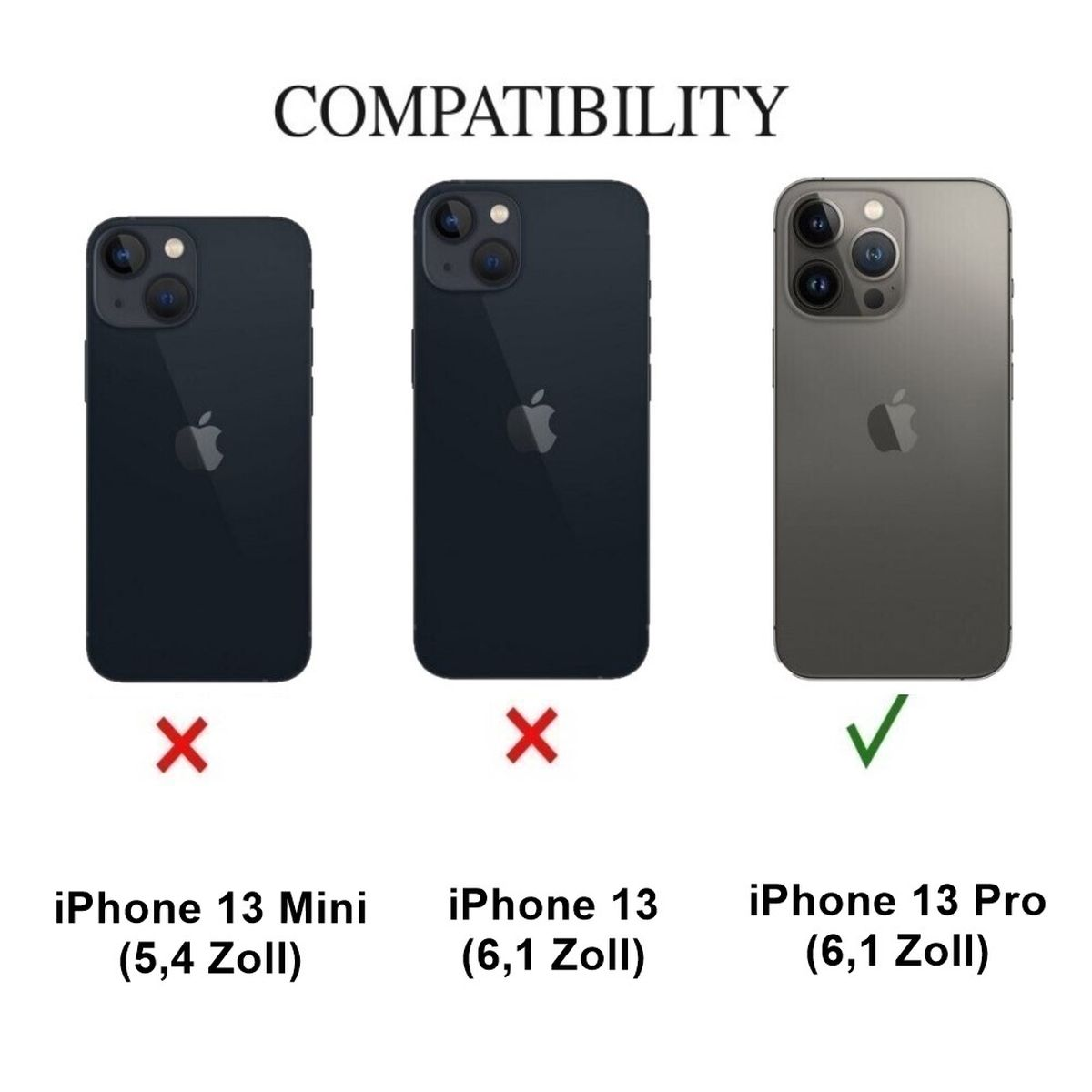 Drei iPhones. iPhone 13 Pro kompatibel, andere nicht.