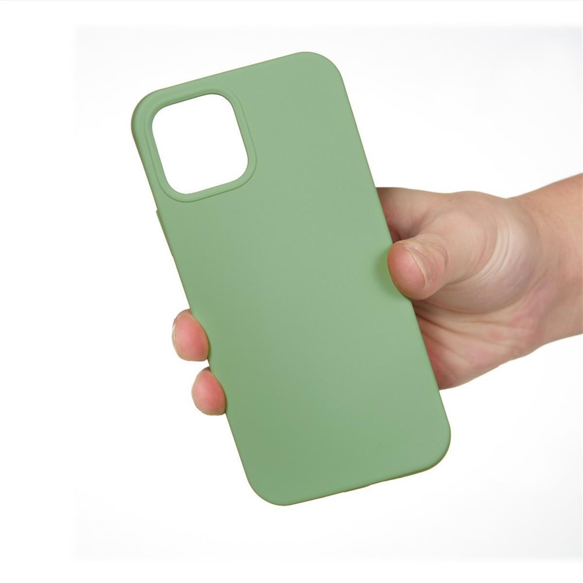 Eine Hand hält eine grüne Handyhülle. Sie hat ein quadratisches Kamera Loch.