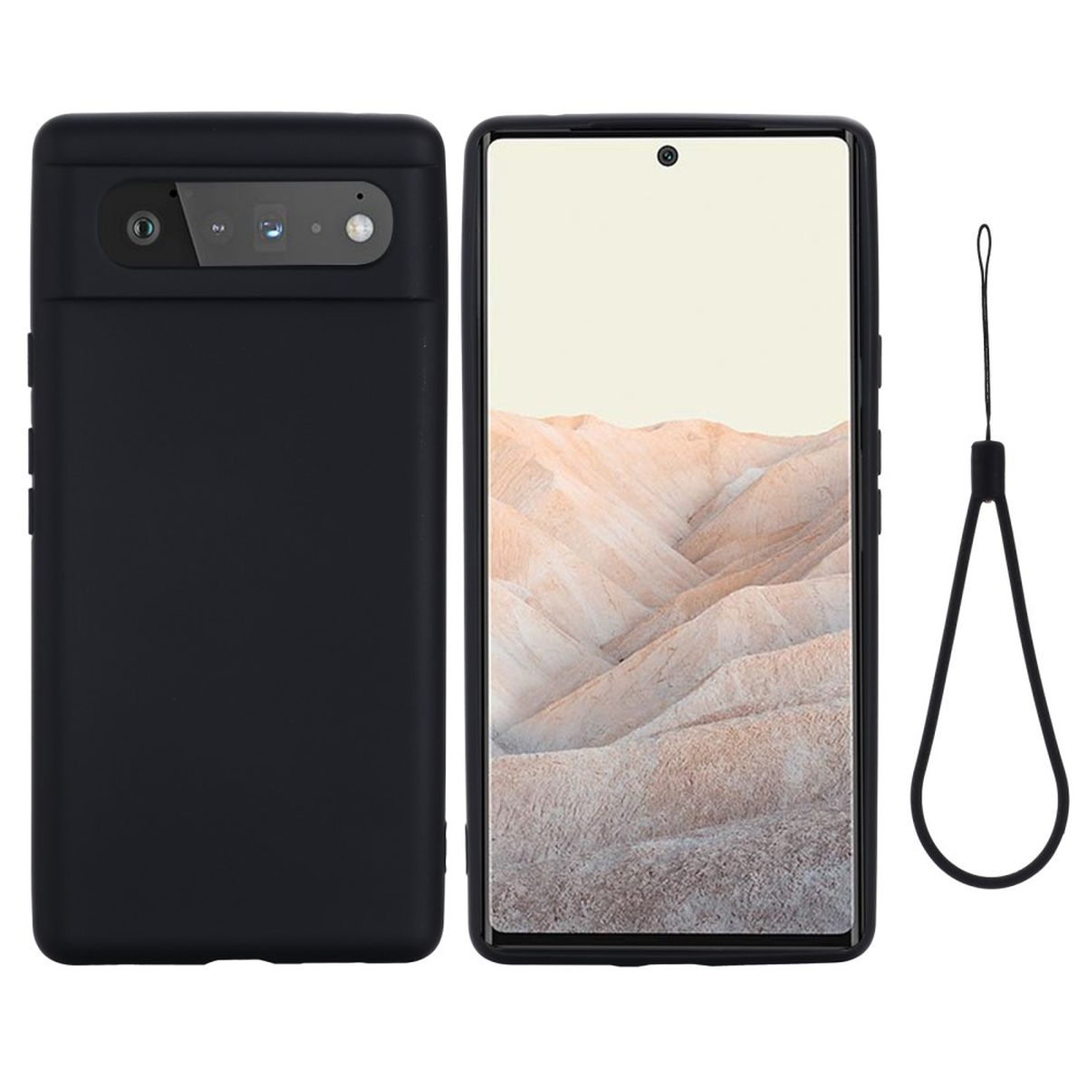 Schwarze Handyhülle mit Telefon und einem Band daneben auf weißem Hintergrund.