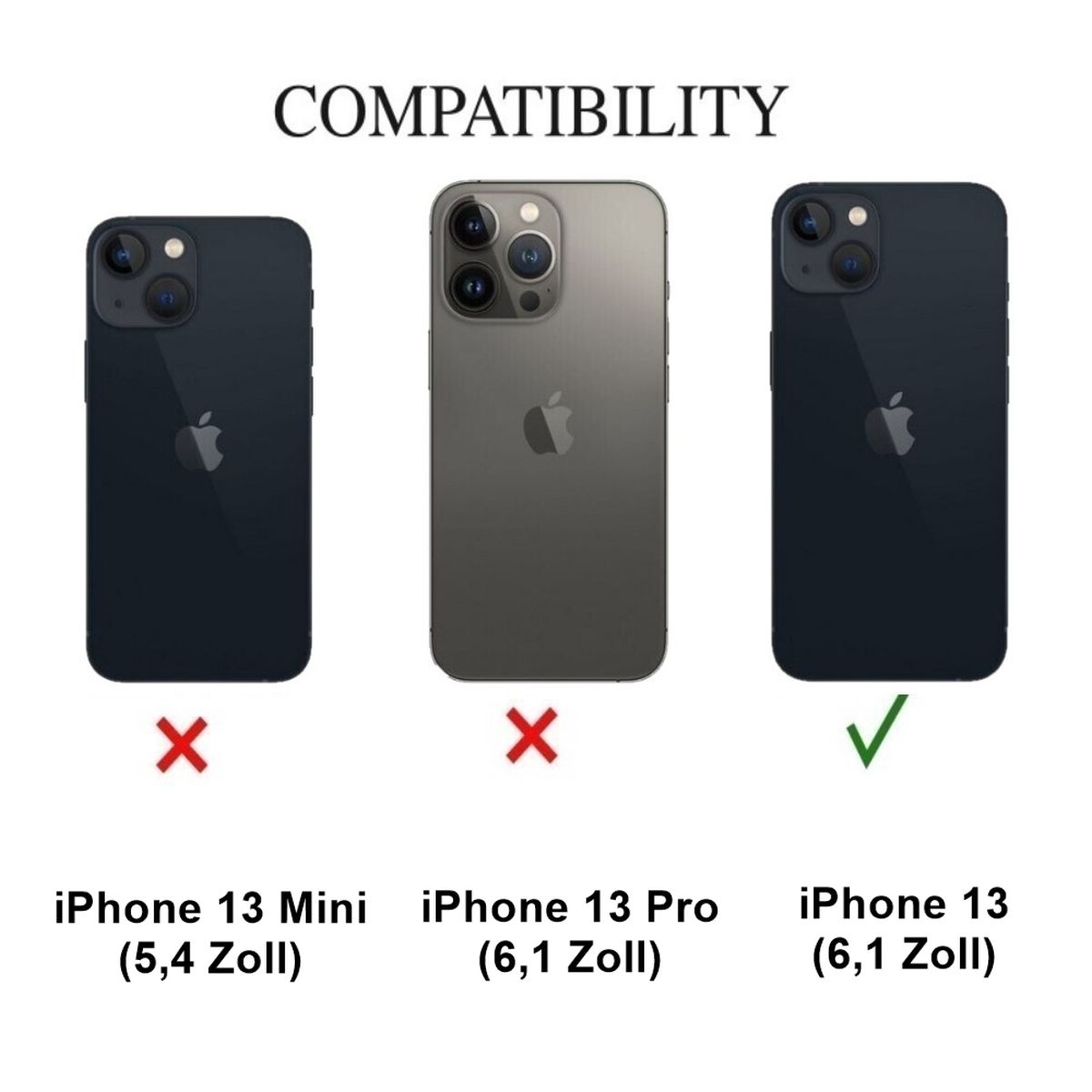 Bild zeigt iPhone-Kompatibilität. iPhone 13 ist kompatibel, iPhone 13 Mini & Pro nicht.