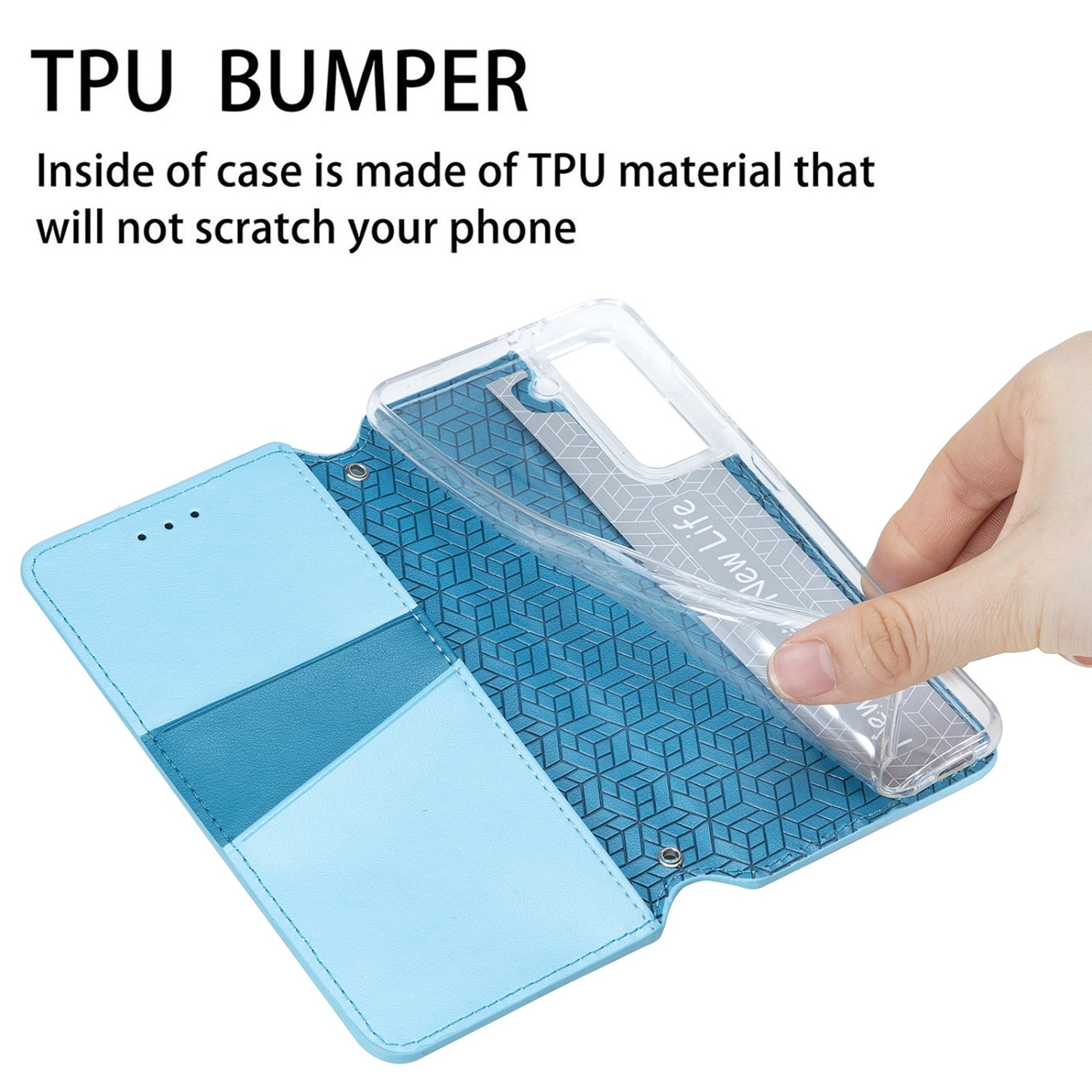 Offene blaue Handyhülle mit Telefon darin. Text: TPU-Stoßfänger, Innenseite aus TPU-Material.
