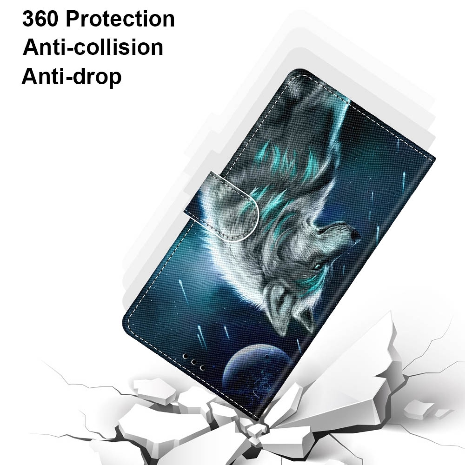 Handyhülle mit Wolf-Design, weißer Hintergrund, mit Text: 360 Schutz, Anti-Kollision und Sturz.