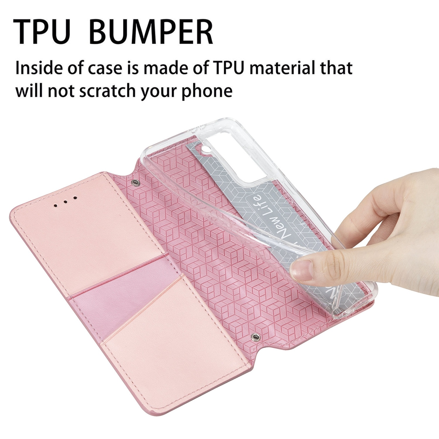 Eine rosa Handyhülle mit TPU-Stoßfänger und eine Hand, die die Hülle mit einem Telefon öffnet.