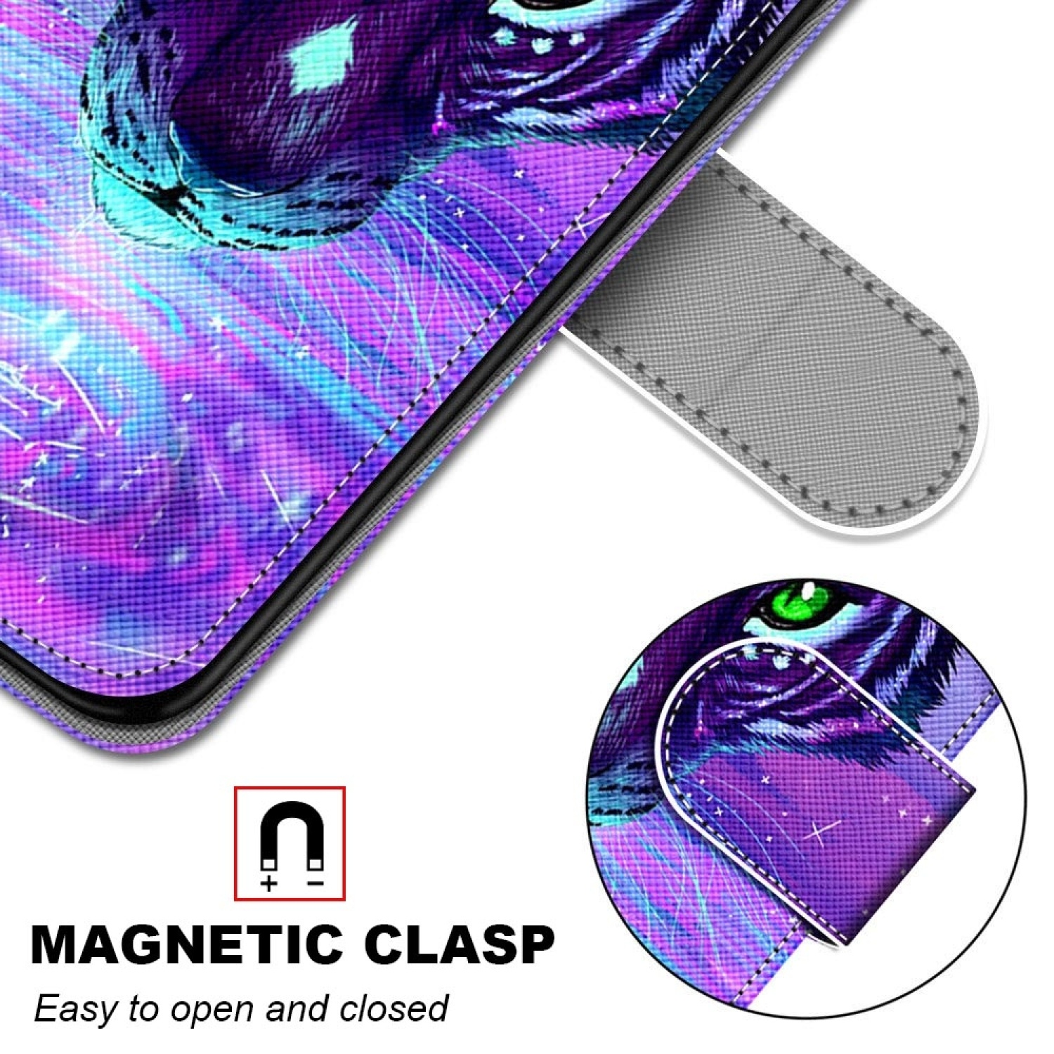 Handyhülle mit Tigerdesign. Ein Magnetverschluss ist sichtbar. Text sagt 'Magnetverschluss'.