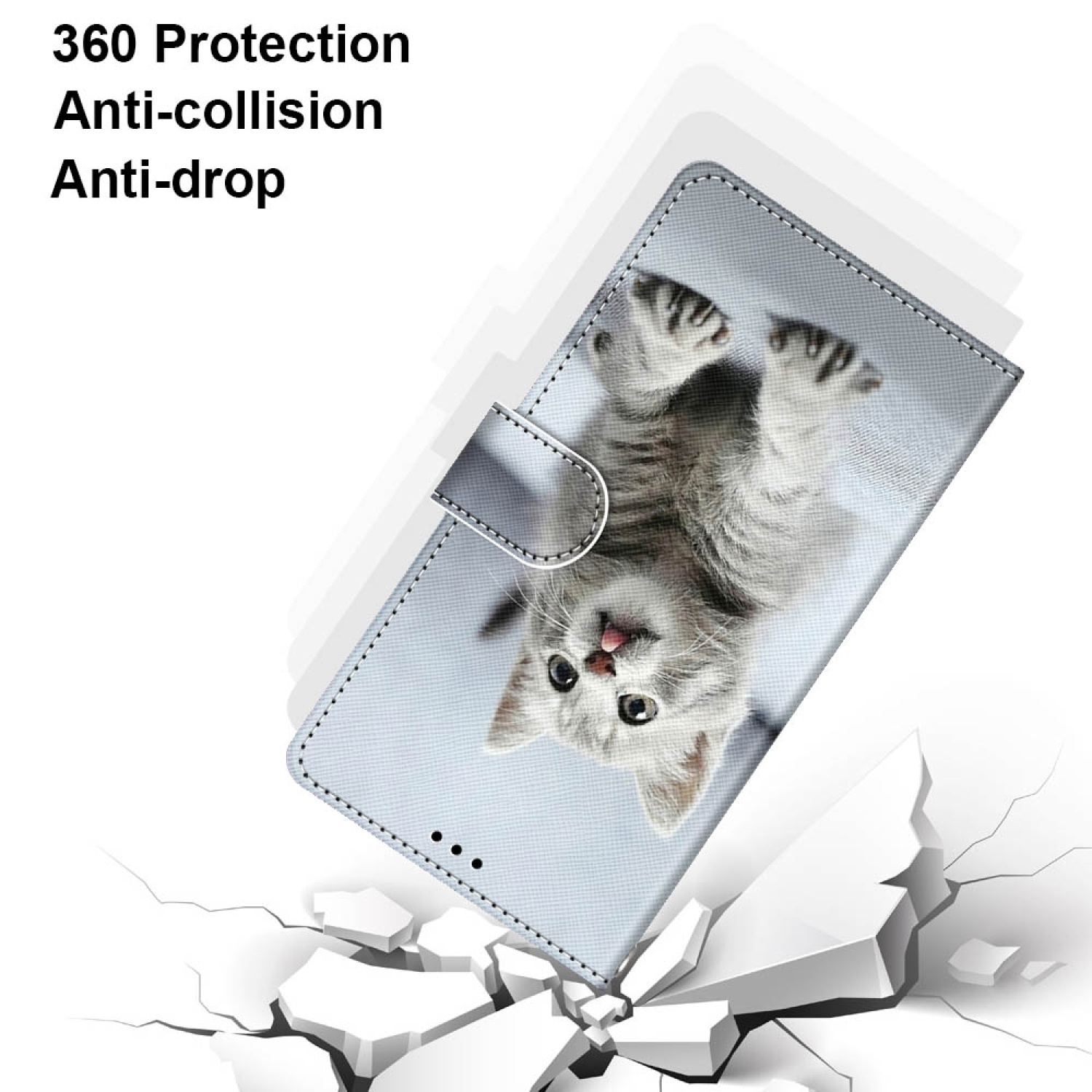 Handyhülle mit Kätzchenbild und dem Text: 360 Protection, Anti-collision, Anti-drop.