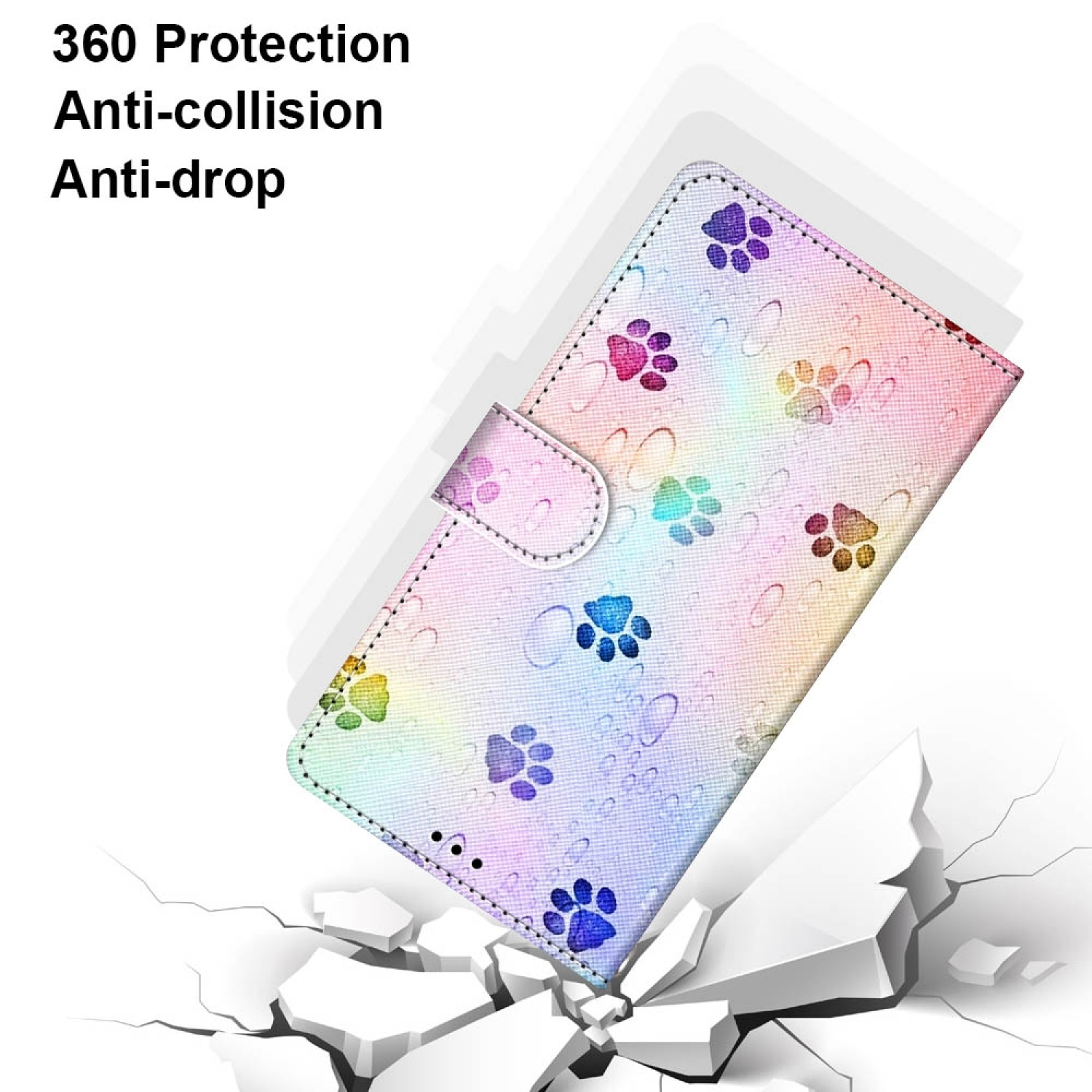 Handyhülle mit einem Design aus bunten Pfoten und dem Text: 360 Protection, Anti-collision, Anti-drop.