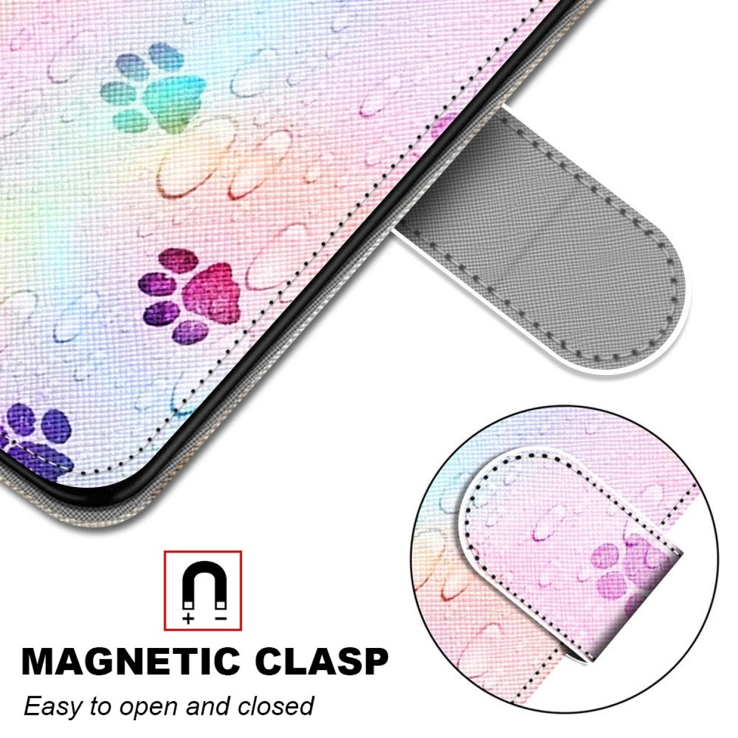 Eine Handyhülle mit Pfotenabdrücken und einem Magnetverschluss. Text 'Magnetic Clasp'.