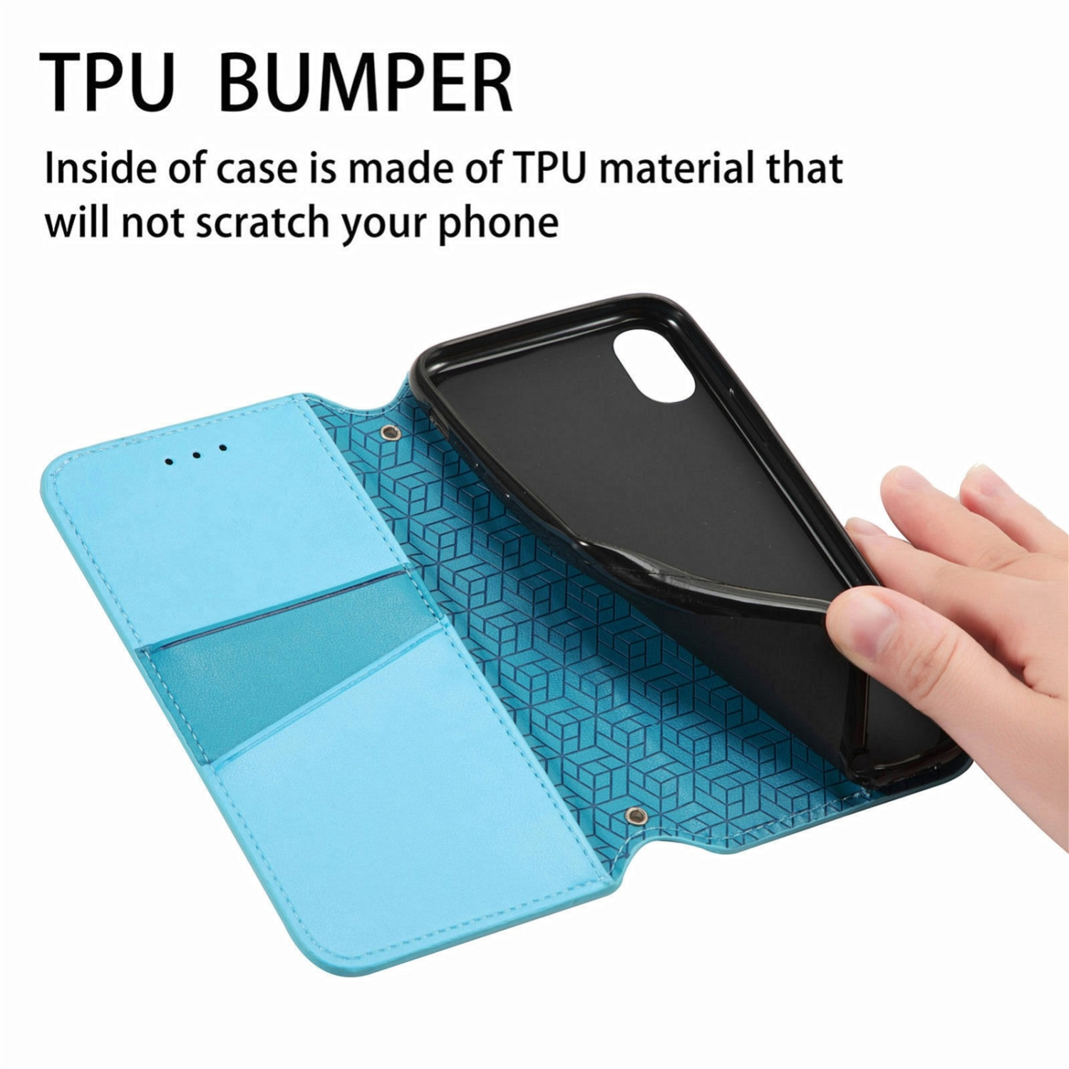 Blaue Handyhülle mit schwarzem Innenraum, Hand hält offen. Text: TPU BUMPER.