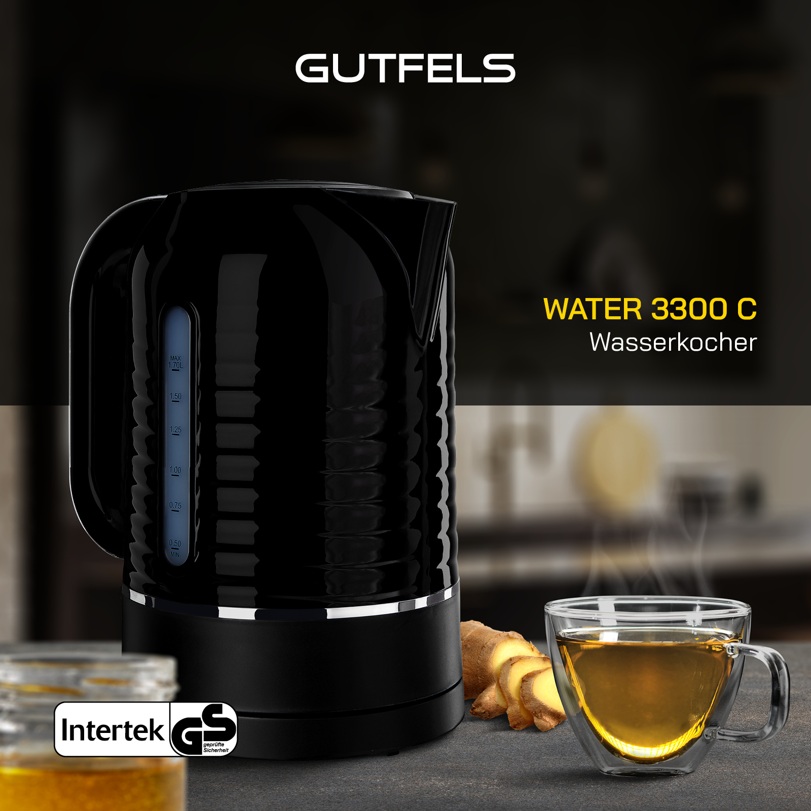 Bollitore elettrico nero con testo e una tazza di tè, zenzero e miele sullo sfondo.