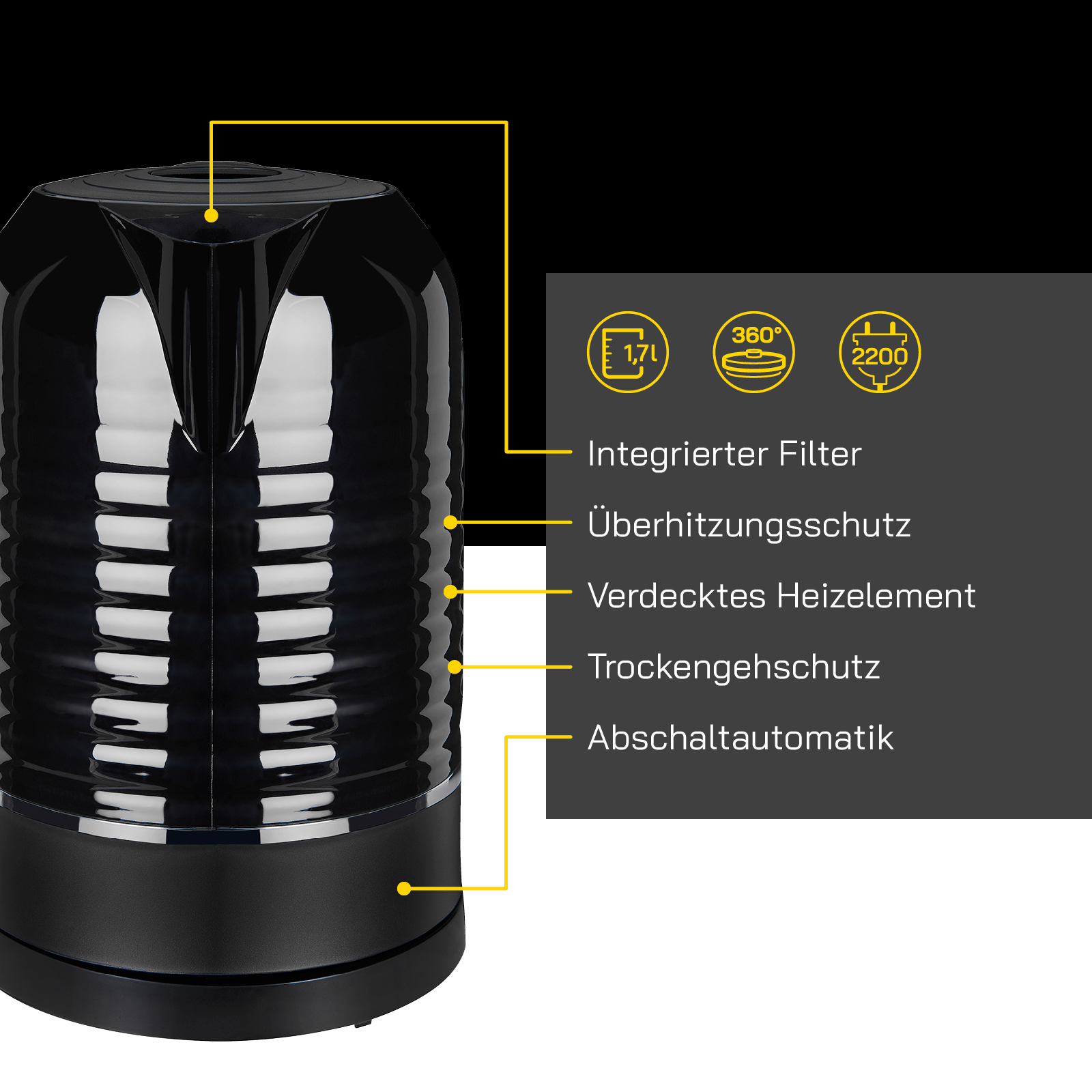 Un bollitore elettrico nero con etichette che indicano caratteristiche come filtro e spegnimento automatico.