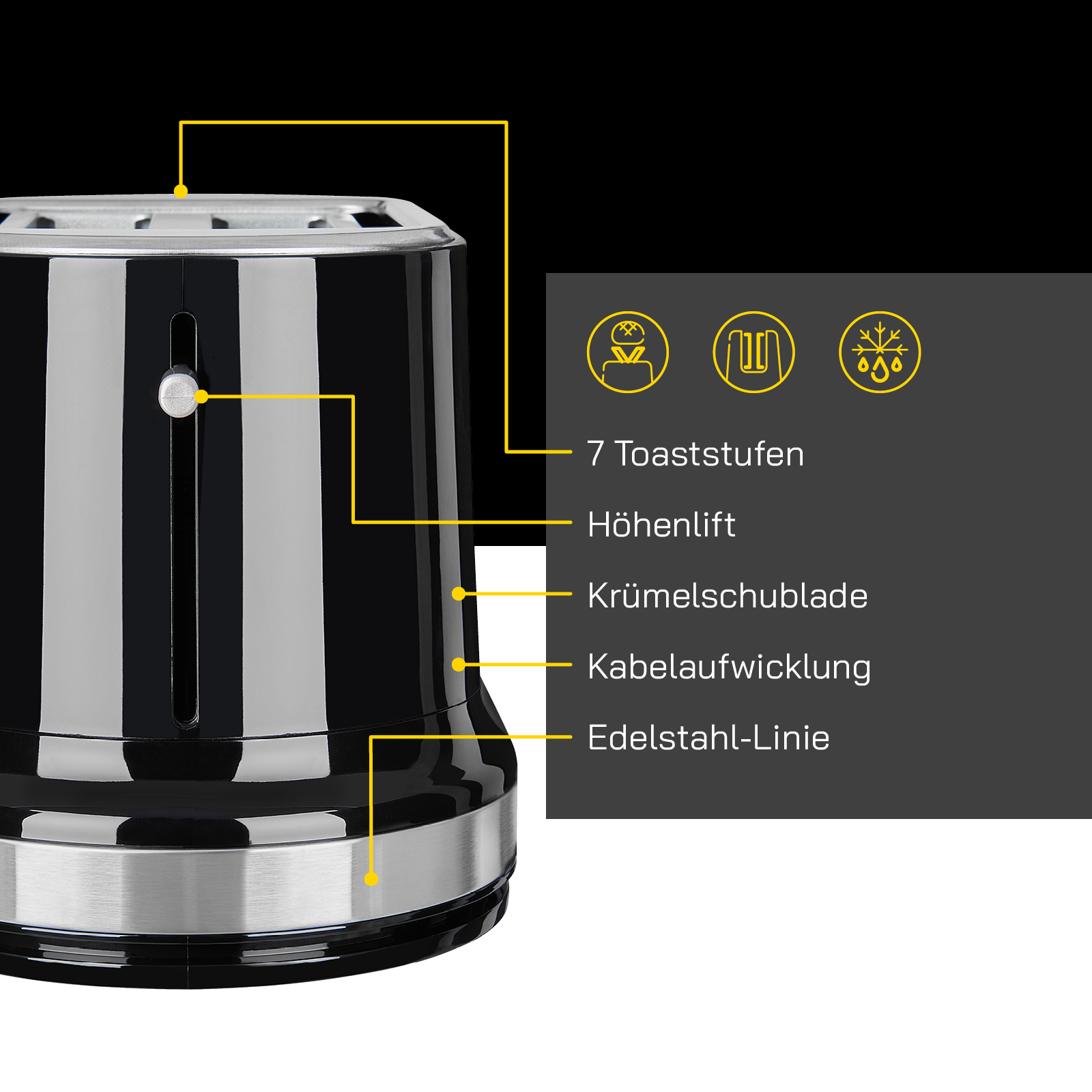 Ein schwarzer Toaster mit deutschen Labels, inklusive '7 Toaststufen'.